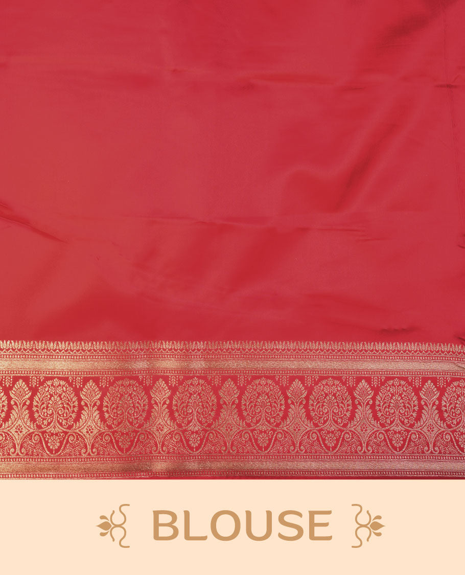 Red colour Banaras Satin Crepe saree featuring gold zari floral motifs on the body, a richly detailed traditional border with intricate gold zari work, and paired with a matching blouse.