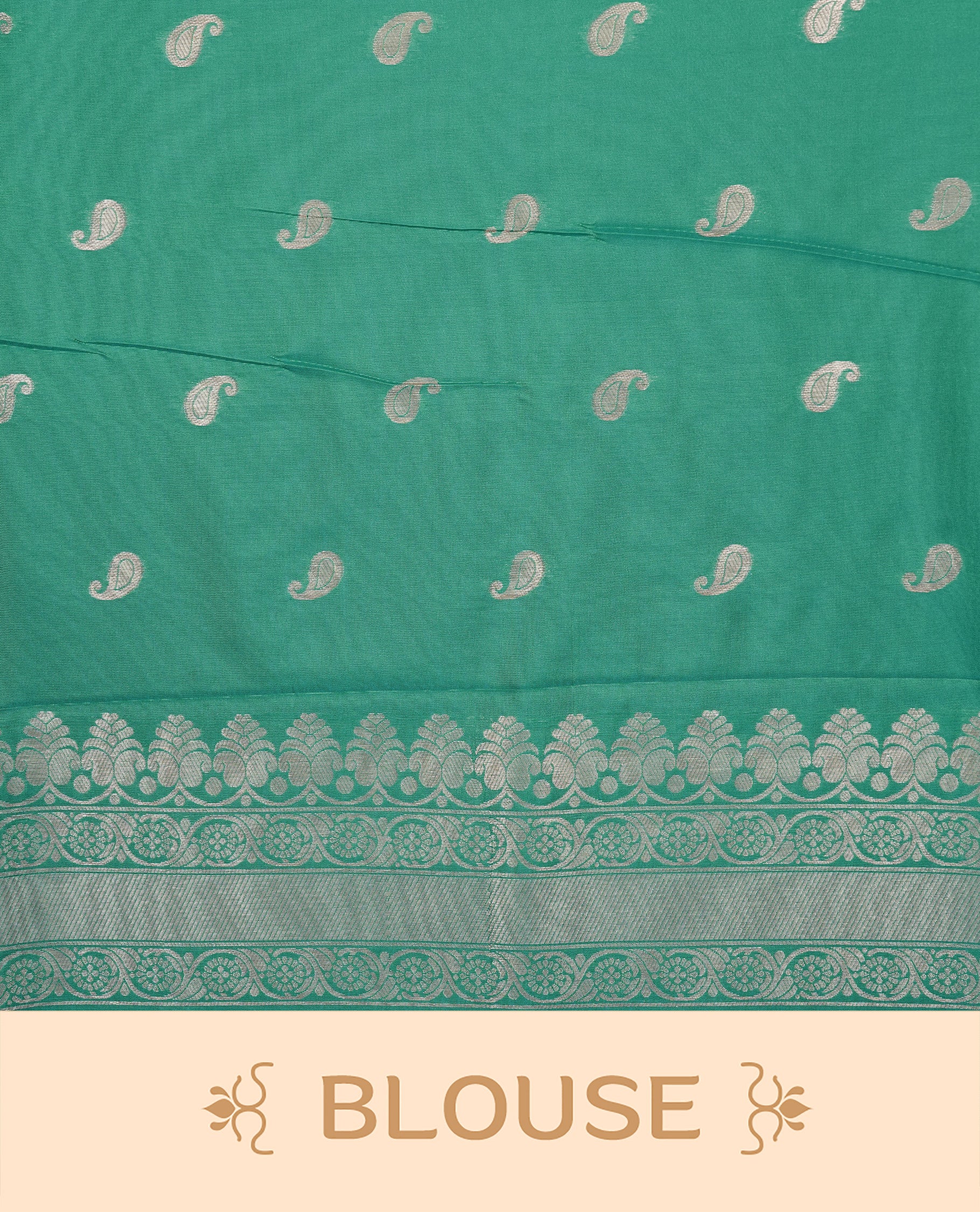 Sea Green Colour Softie Silk Saree Featuring An All Over Gold Woven Leaf Pattern, Finished With A Matching Border Adorned With Intricate Paisley And Floral Motifs, Paired With A Matching Blouse Piece.