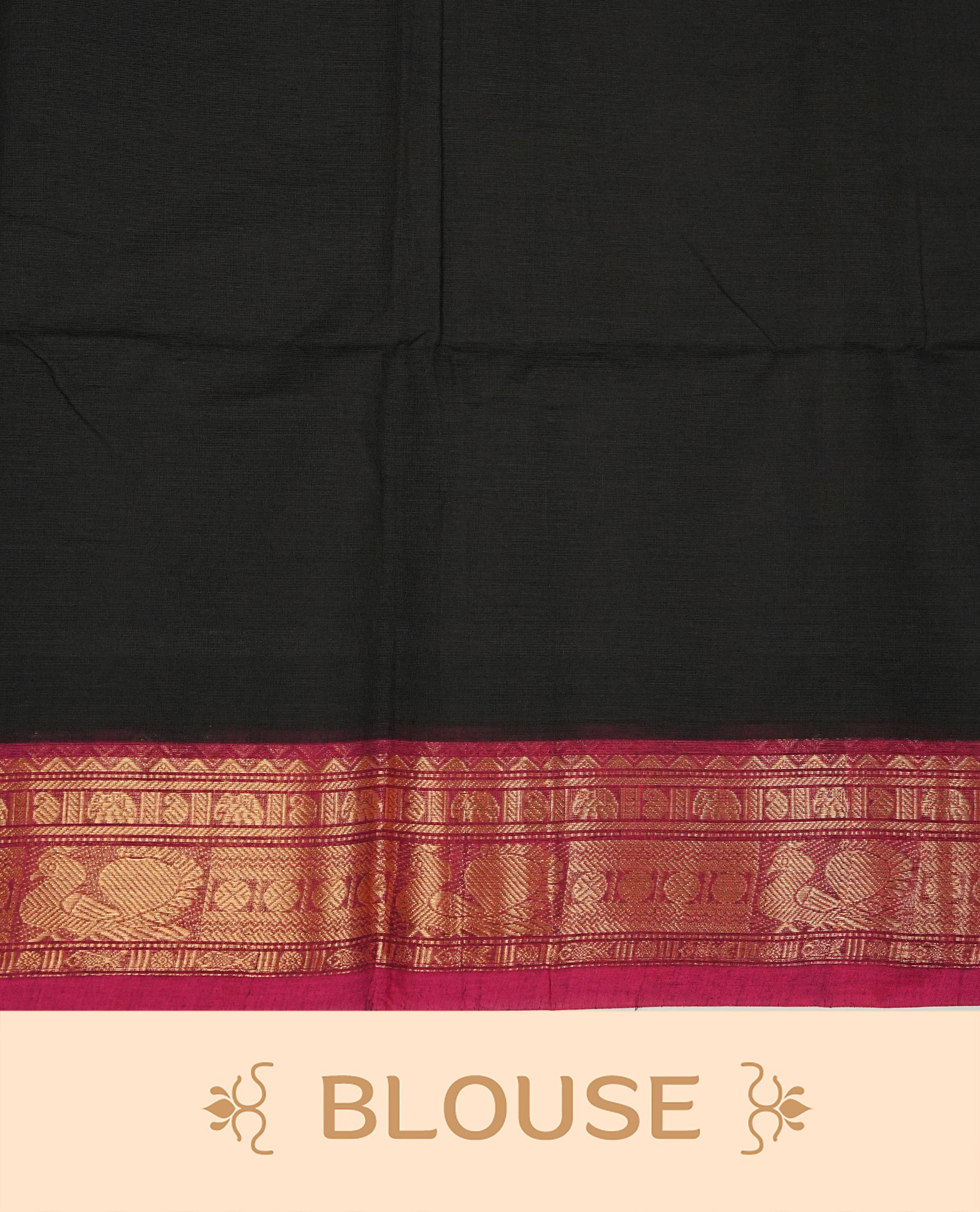 Black Colour Chettinad Cotton Saree Featuring Yellow Colour Mango Motifs on the Body, Complemented by a Magenta Border with Peacock & Mango Gold Zari Pattern and a Contrast Black Pallu, Paired with a Matching Blouse Piece.