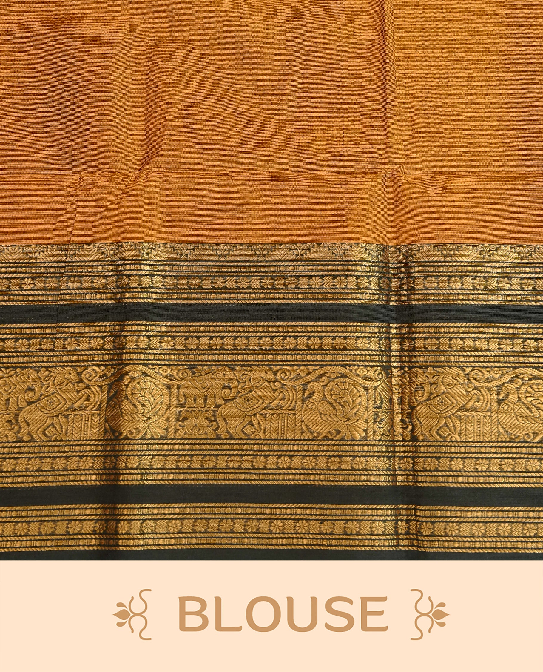 Mustard Yellow Colour Chettinad Cotton Saree Featuring a Plain Body, Complemented by a Black Colour Border with Gold Zari Traditional, Paired with a Matching Blouse Piece.