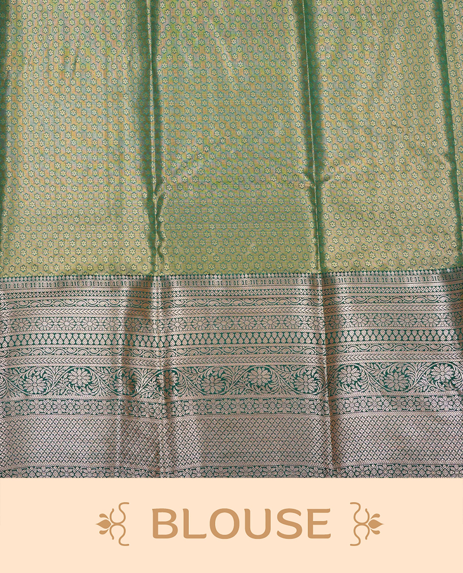 Light green & gold colour Double shade Semi tissue silk saree featuring self color floral kodi Pattern on body, Contrast Green colour with traditional border, paired with matching.