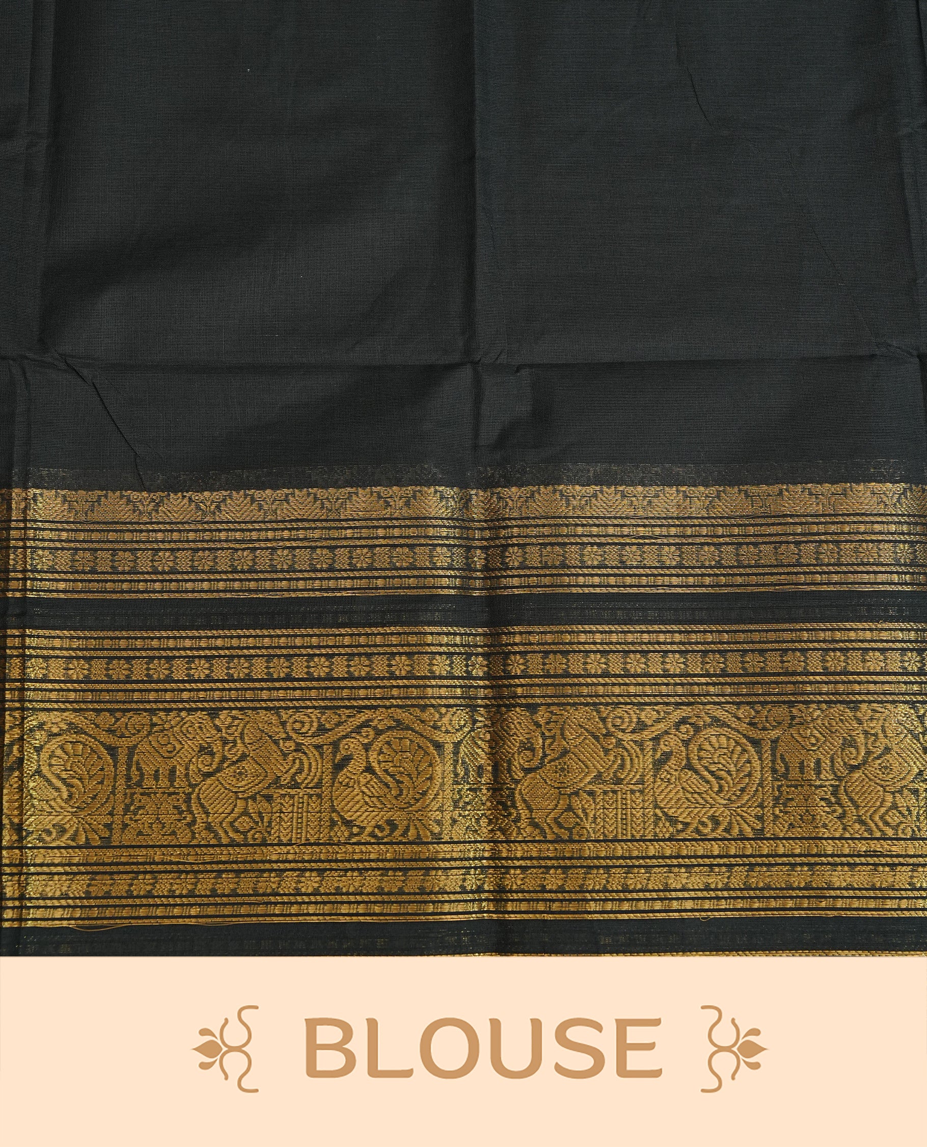 Black colour chettinad cotton saree featuring Elegant plain body, complemented by Self Colour with gold zari border, comes with matching blouse piece.