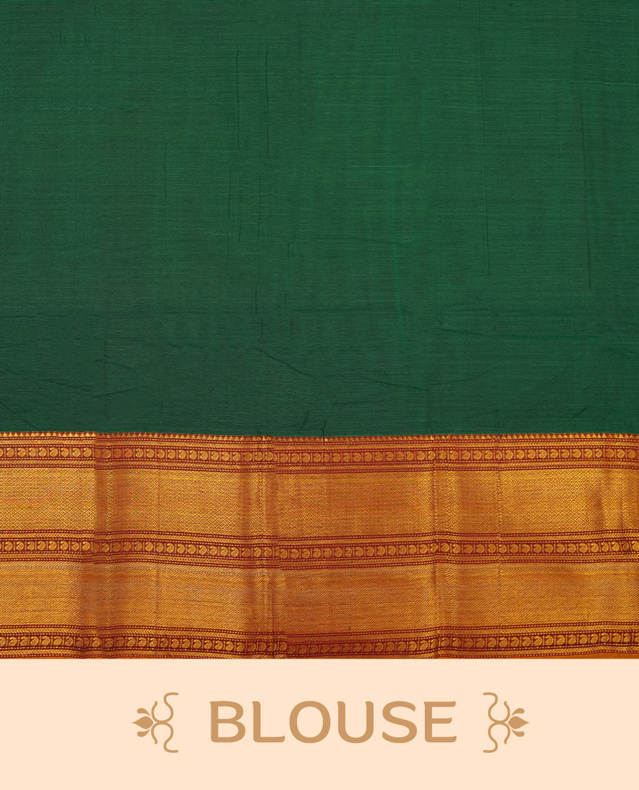 Dark green colour Narayanapattu cotton saree featuring a self coloured body, contrast deep red colour with gold zari border and pallu, pairing a matching blouse piece.