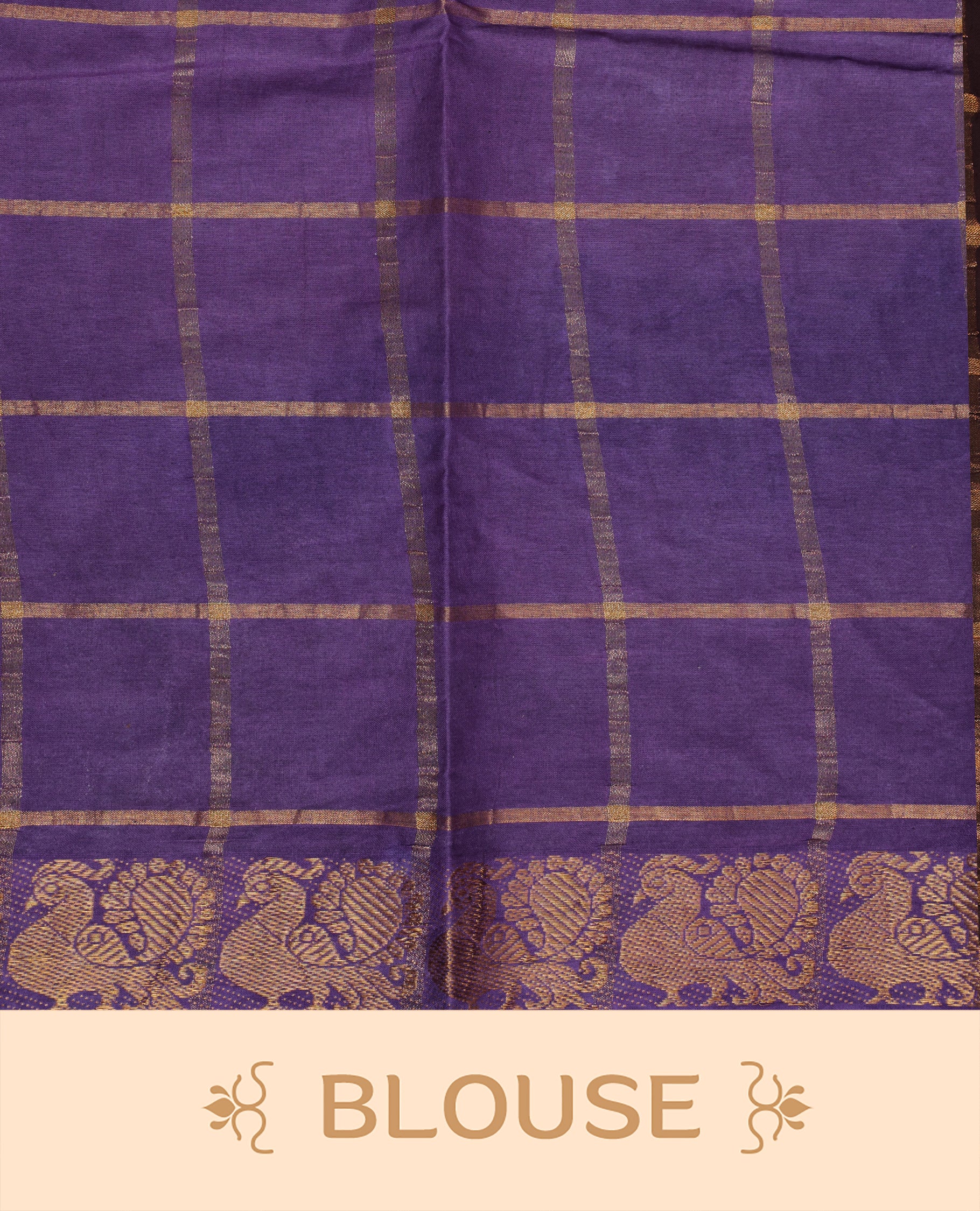 Black colour Sungudi cotton saree featuring Gold zari Check pattern on body, Gold zari Peacock design on Dyed Violet colour design border, paired with matching blouse piece.