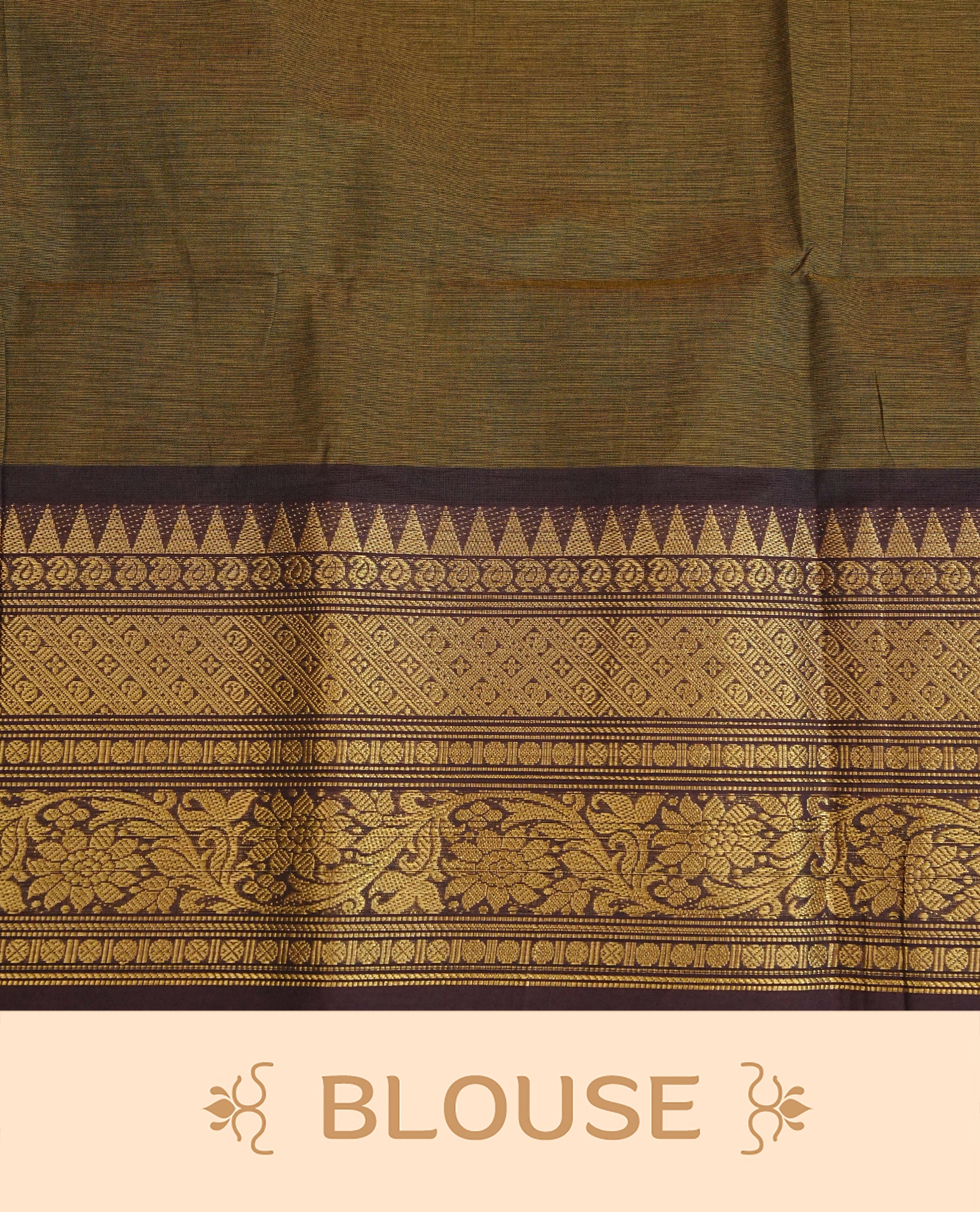 Olive  colour chettinad cotton saree featuring elegant plain body, Contrast Chocolate colour with Gold zari border, comes with matching blouse piece.