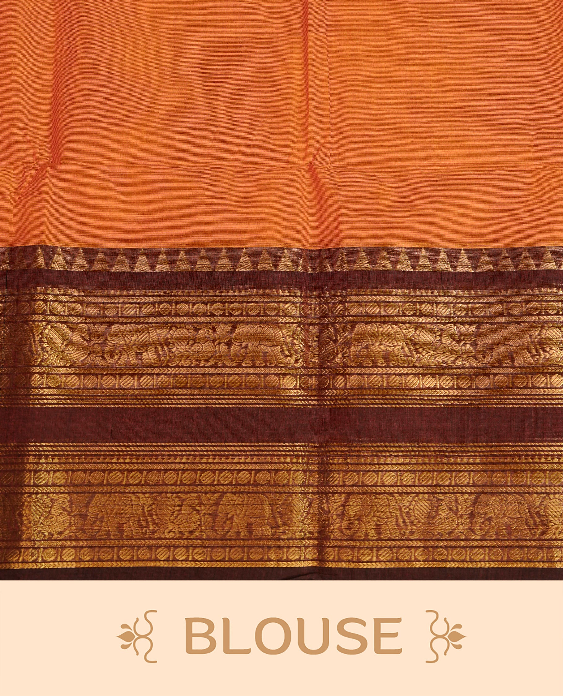Orange colour chettinad cotton saree featuring Elegant plain body,contrast Maroon colour with Gold zari border, comes with matching blouse piece.