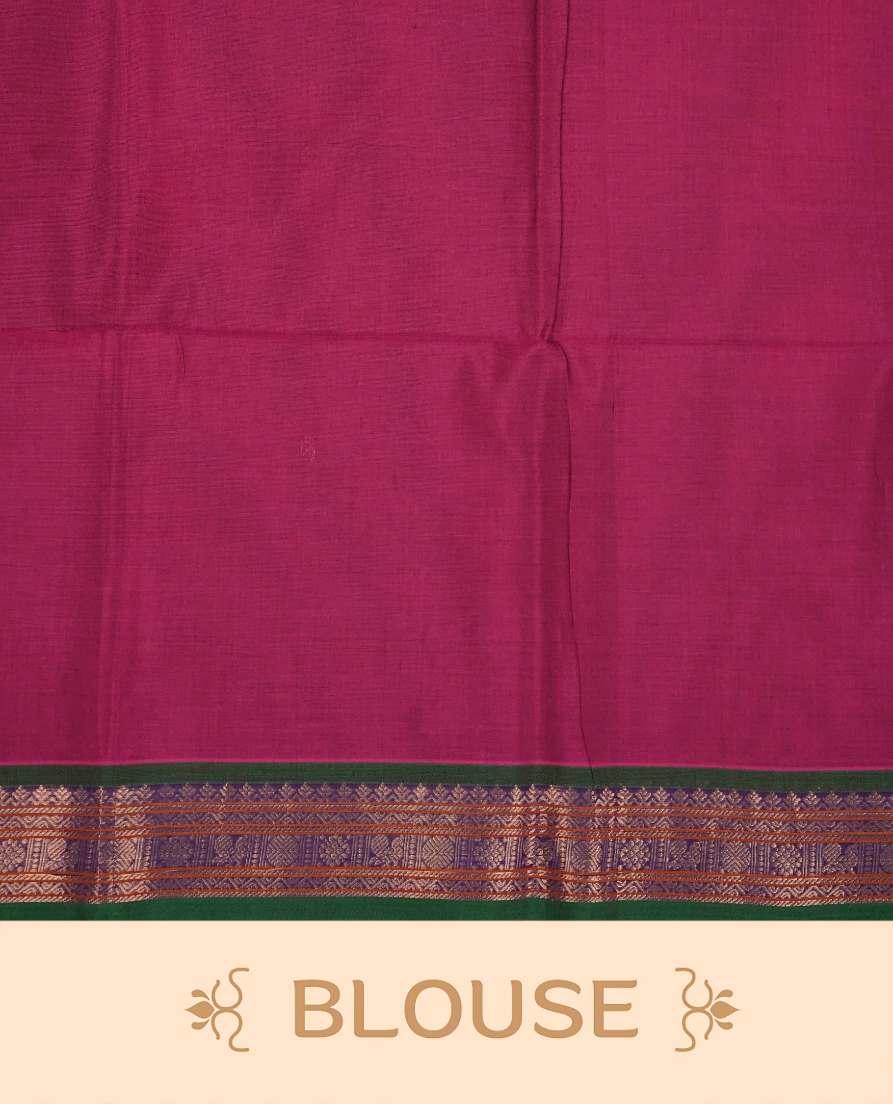 Magenta Colour Chettinad Cotton Saree Featuring Gold Zari Motifs on the Body, Complemented by a Green & Violet Colour with Peacock Gold Zari Border and a Contrast Gold Zari Pallu, Paired with a Matching Blouse Piece