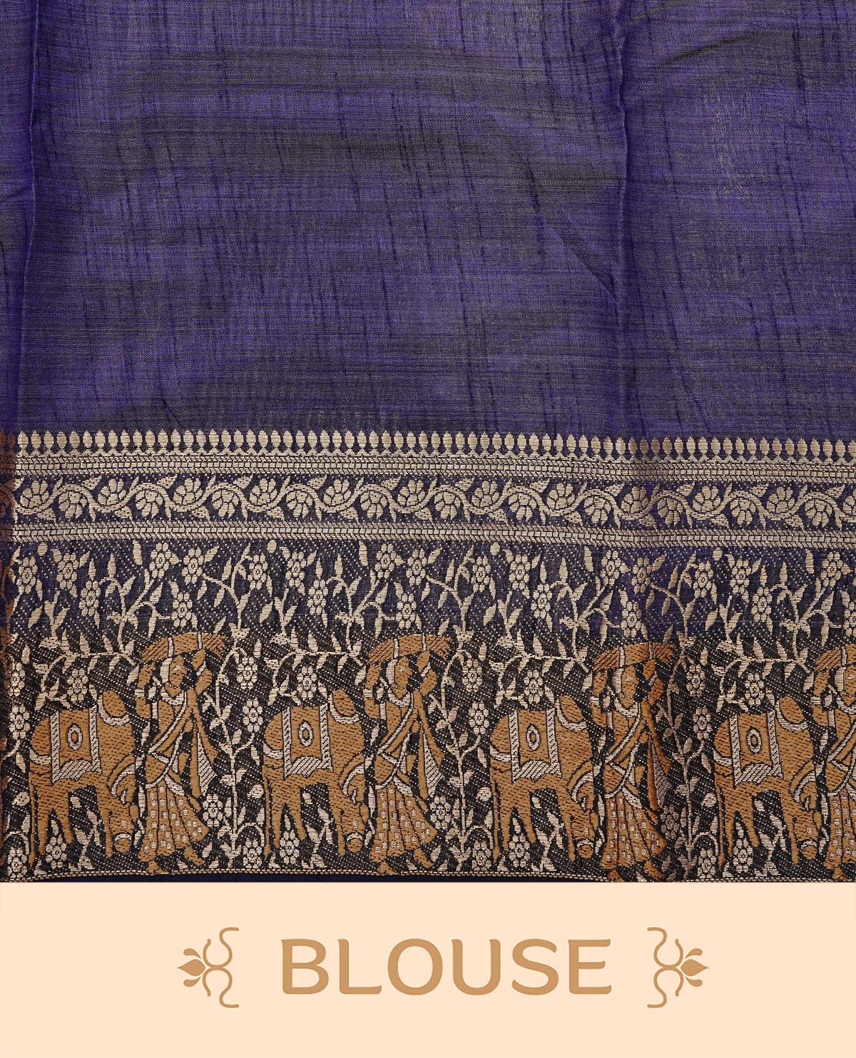 Light gold tussar saree featuring Elegant plain body, complemented by contrast Navy Blue colour with Gold zari Floral kodi with Women & Cow Pattern border, comes with matching blouse piece.