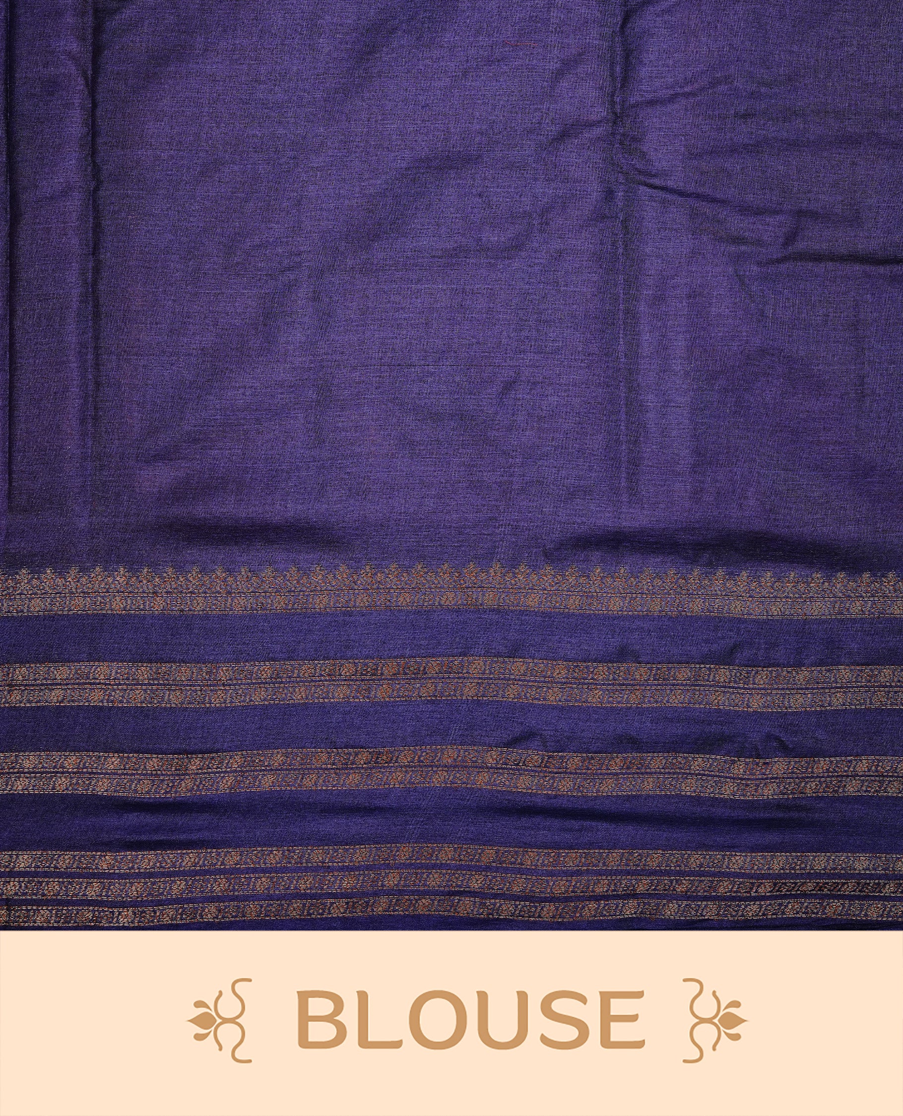 Rust orange colour pure tussar Banaras silk saree featuring elegant gold zari motifs across the body, complemented by a contrast Navy blue border with rich zari detailing. Comes with a matching blouse piece