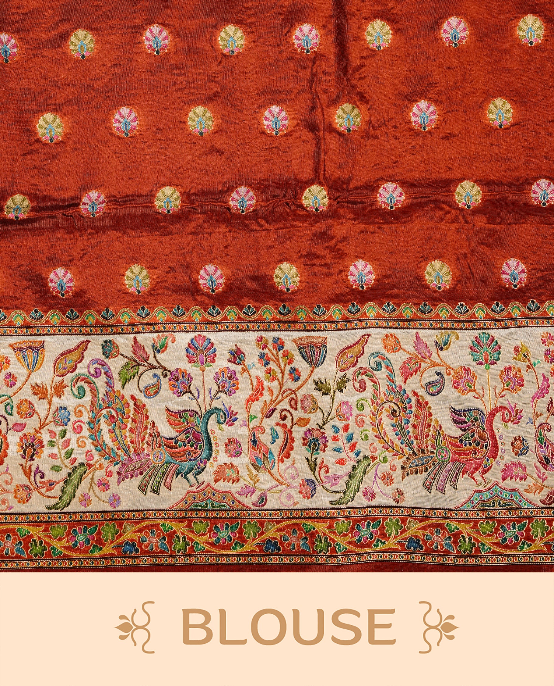 Purple colour Pashmina Saree featuring multicolour geometric and paisley woven body, a contrast multicolour floral & bird border with Purple edging, an ornate paisley woven pallu, paired with a matching blouse.