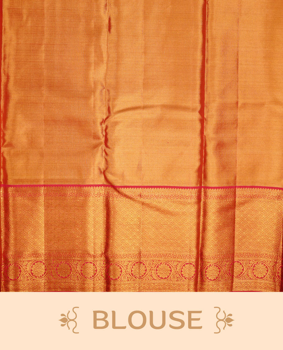 Gold & Magenta double shade colour kancheepuram tissue silk saree featuring gold zari floral kodi pattern on body, complemented by contrast magenta colour with traditional border, paired with matching blouse piece.