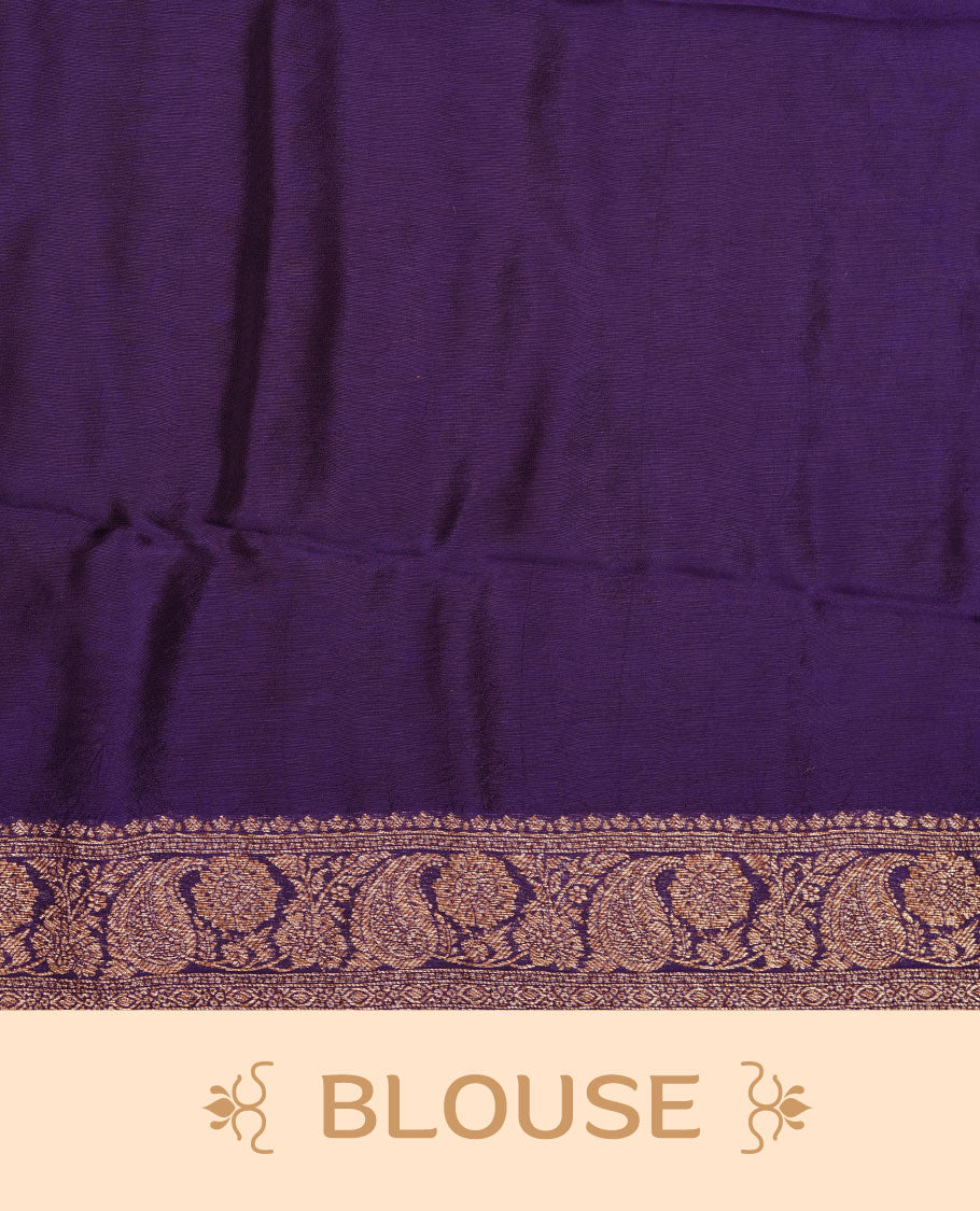 Purple colour semi Banaras saree with gold zari buta motifs, finished with a traditional gold zari border and pallu, paired with a matching blouse.