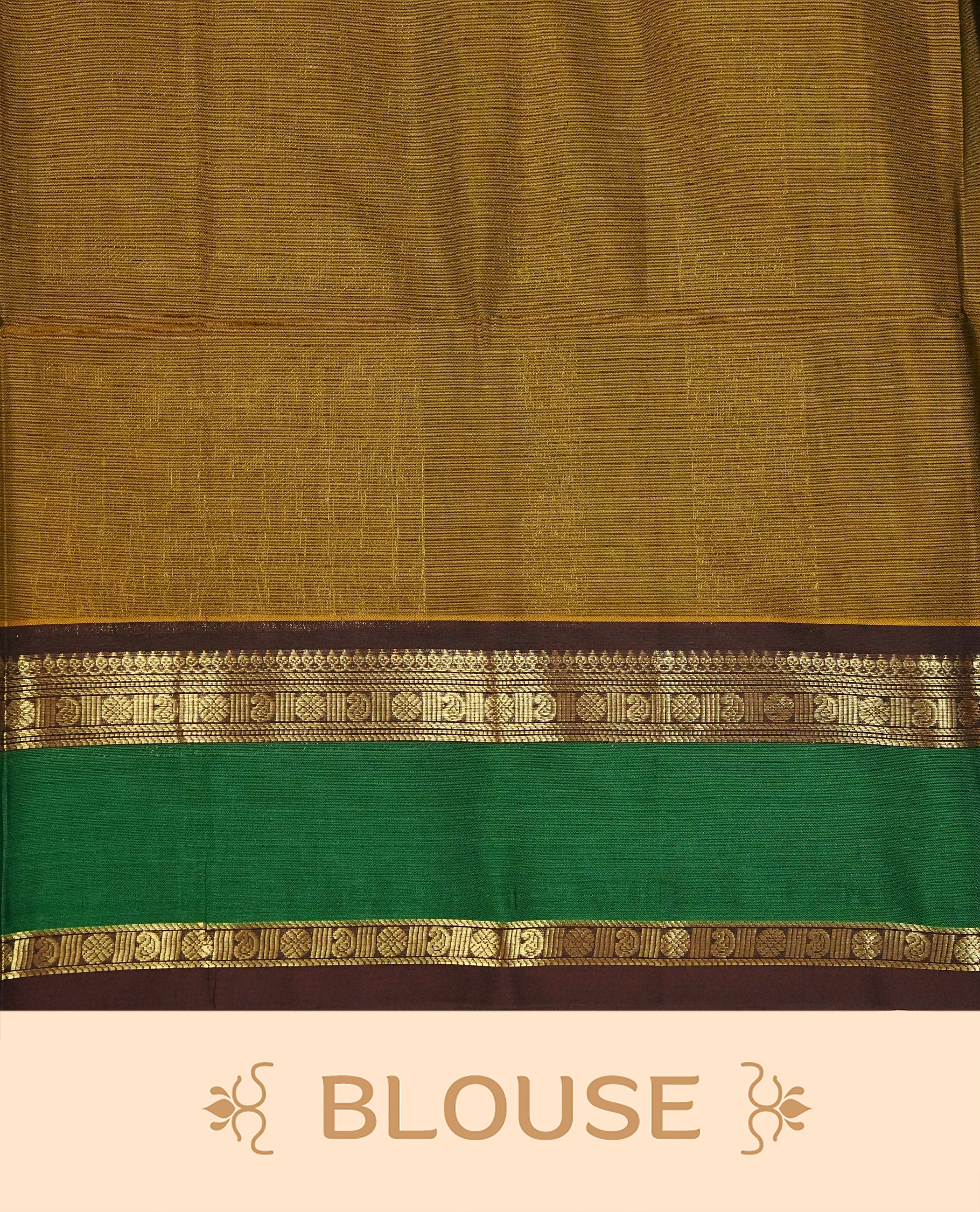 Olive colour chettinad cotton saree featuring Elegant plain body, complemented by contrast Chocolate & green colour with gold zari border, comes with matching blouse piece.
