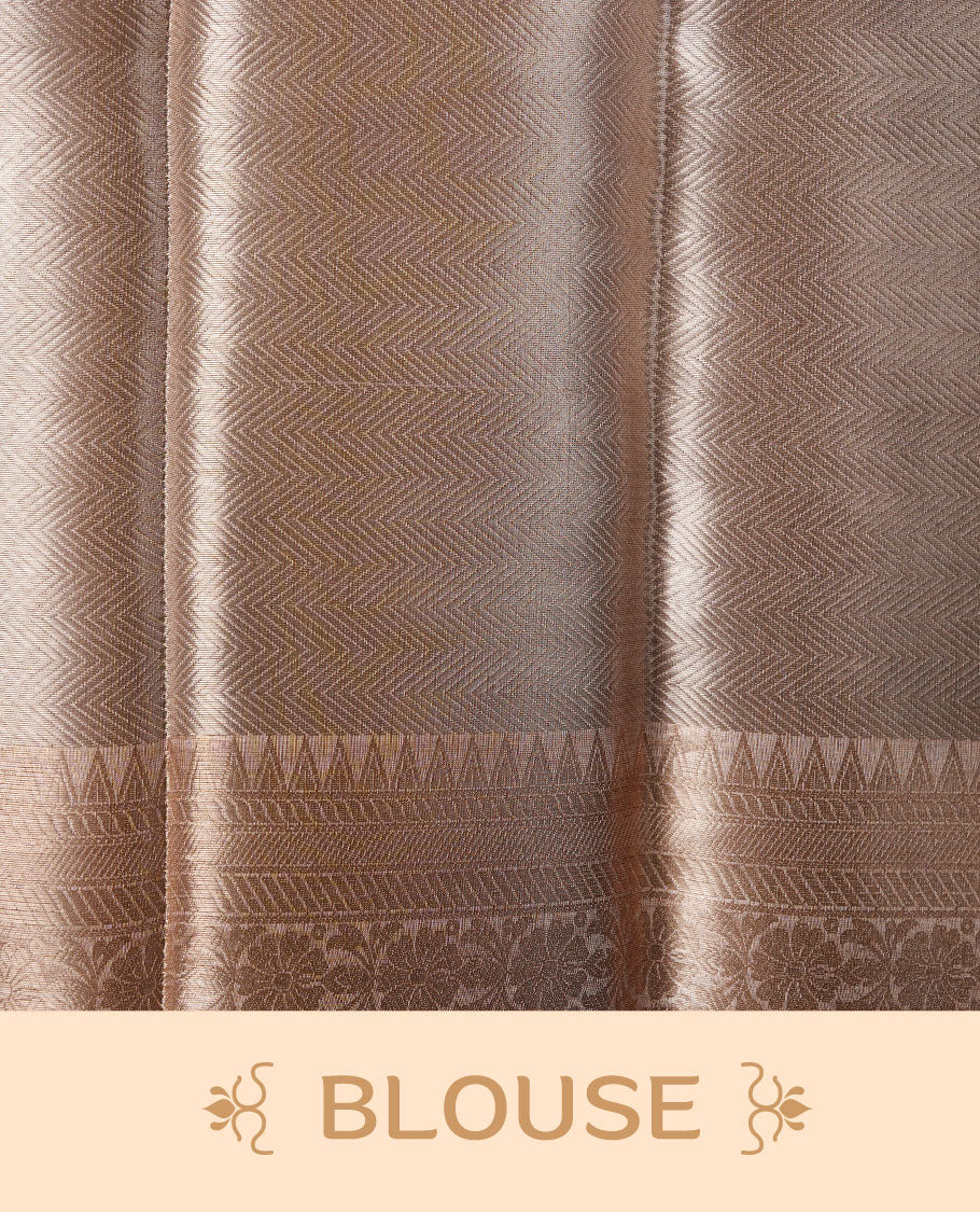 Silver colour Pure banaras tissue silk saree featuring Silver zari brocade design across body, with contrast pink colour with gold zari brocade border, finished with a matching blouse.