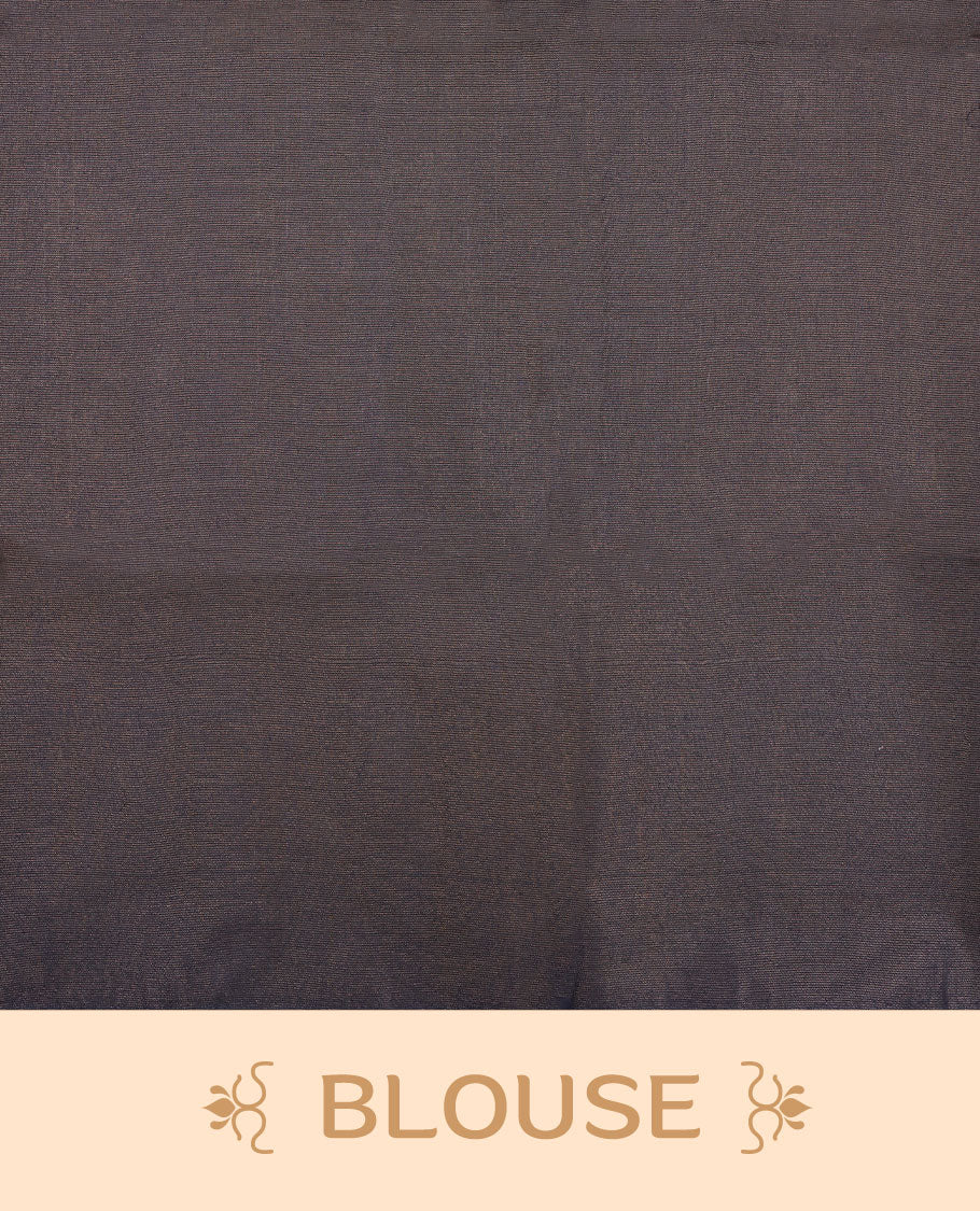 Dark blue colour semi jute saree highlighting gold zari stripped body with white motifs, without border and paired with matching blouse.