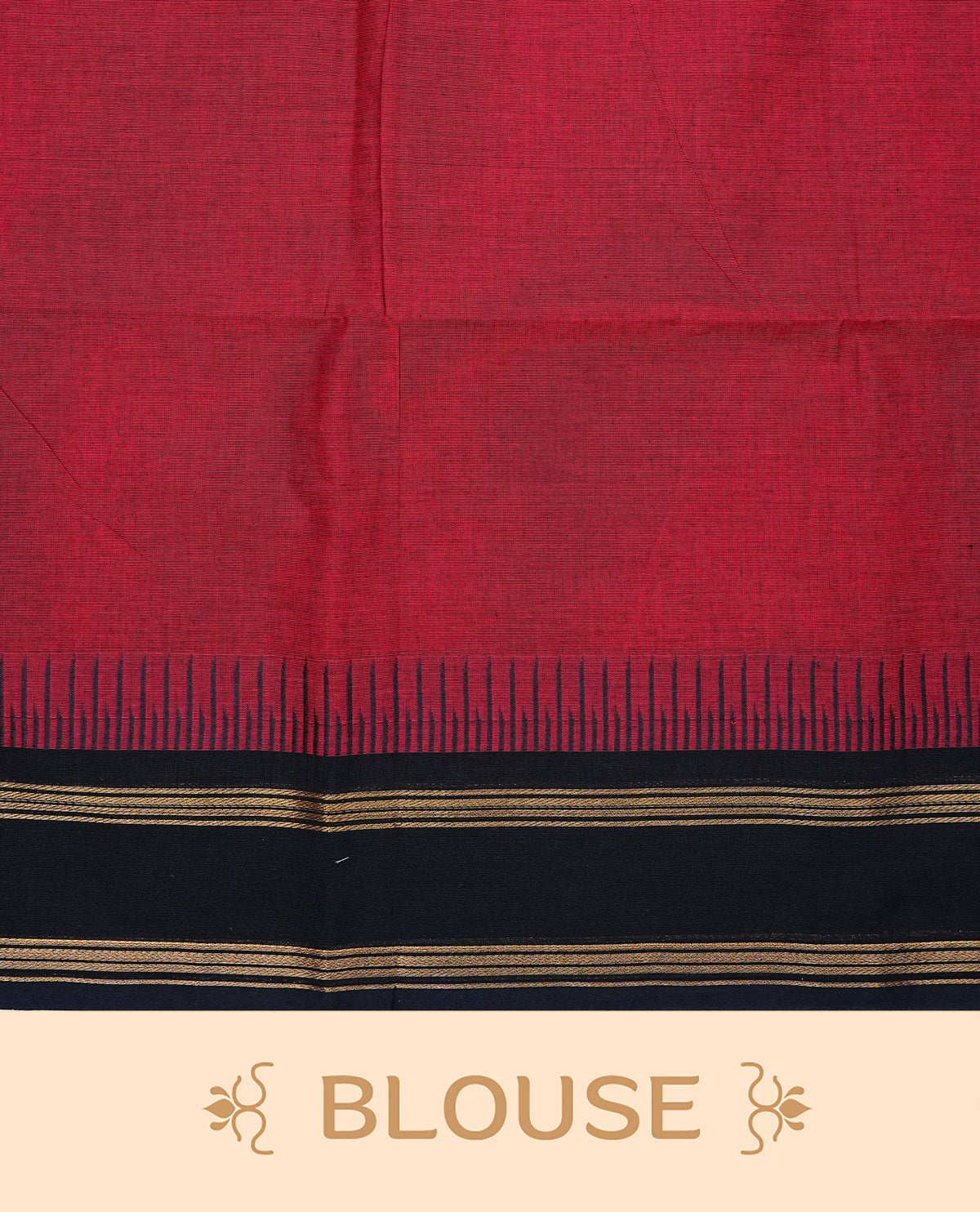 Brick Red Colour Chettinad cotton saree featuring Pain body , complemented by a classic black contrast border adorned with elegant gold zari stripes and a matching striped pallu, paired with a matching blouse piece.