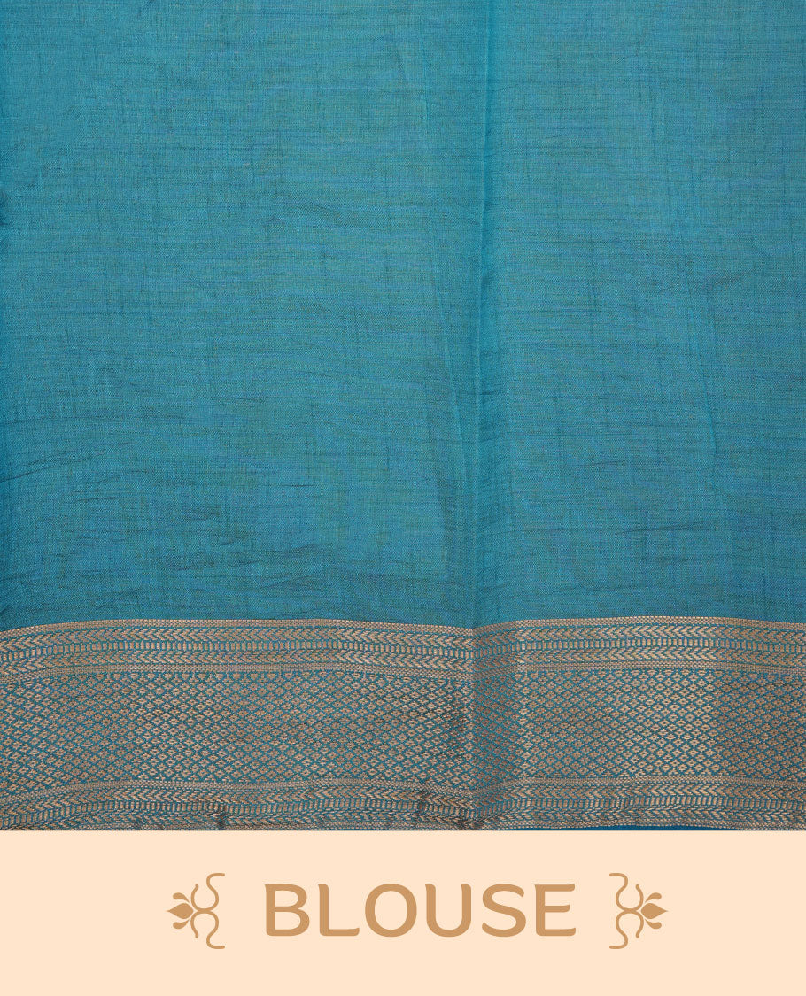 Cream colour tussar silk saree featuring elegant plain body, contrast Blue colour border with gold zari, comes with matching blouse piece.