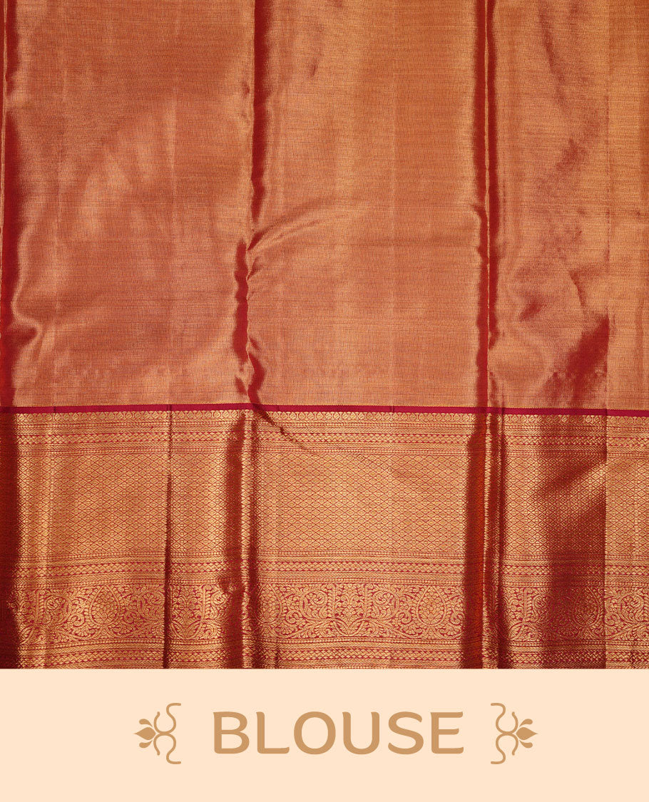 Gold & Burgundy double shade colour kancheepuram tissue silk saree featuring gold zari floral kodi pattern on body, complemented by contrast Burgundy colour with traditional border, paired with matching blouse piece.