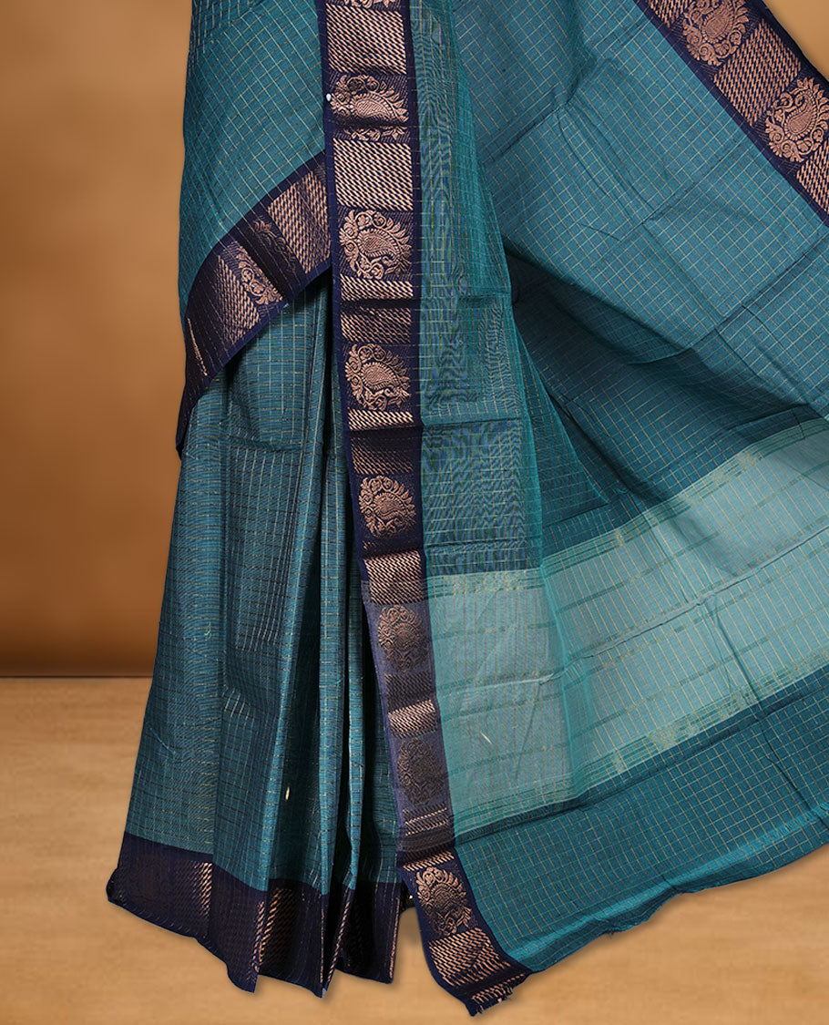 Teal colour sungudi cotton saree featuring gold zari check pattern across body, contrast Dark blue colour with gold zari pattern on border, without blouse piece.