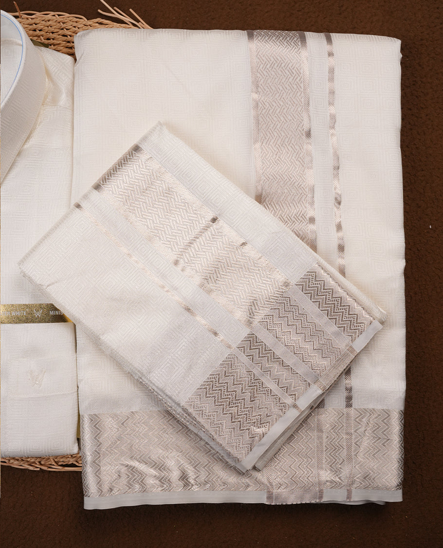 Half white colour MINISTER WHITE shirt paired with a matching dhoti, finishing with a silver border