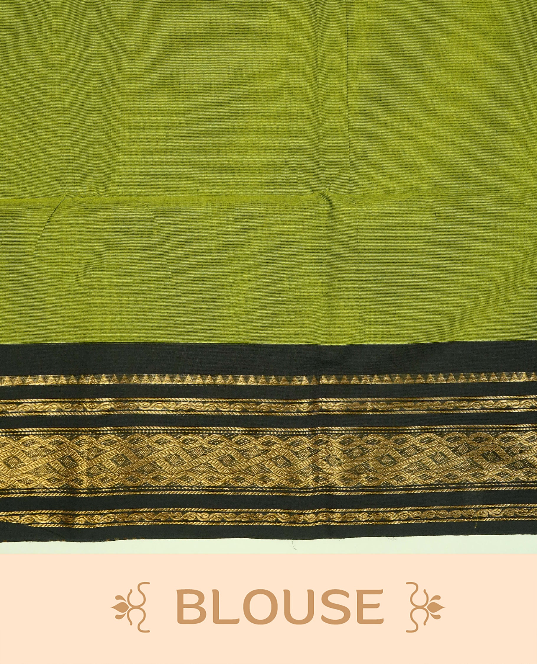 Light Green Colour Chettinad Cotton Saree Featuring a Plain Body, Complemented by a Black Colour with Gold Zari Border and a Striped Pallu, Paired with a Matching Blouse Piece.