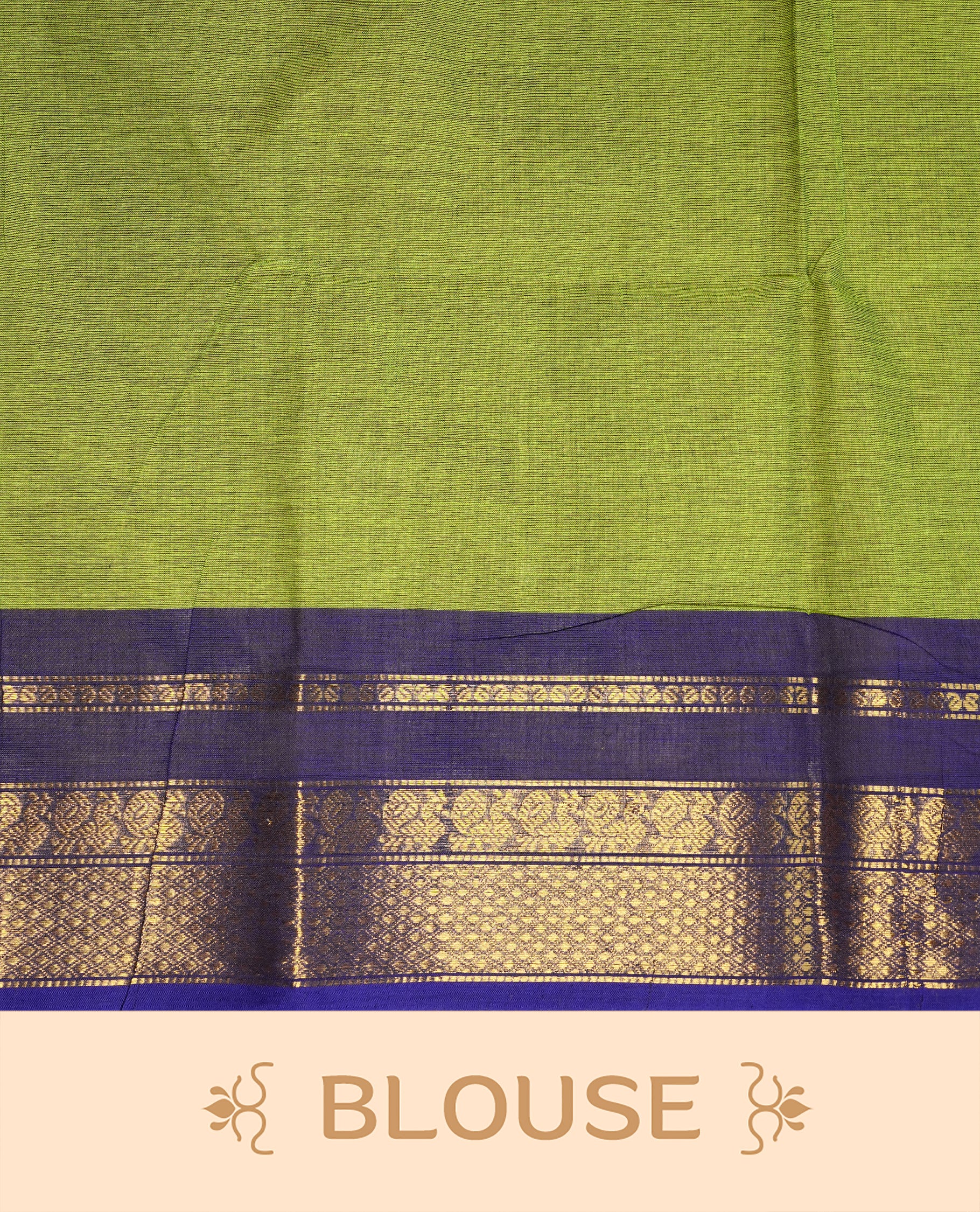 Lemon green Colour Chettinad cotton saree featuring elegant plain body , complemented by contrast Navy blue colour with traditional border, comes with matching blouse piece.