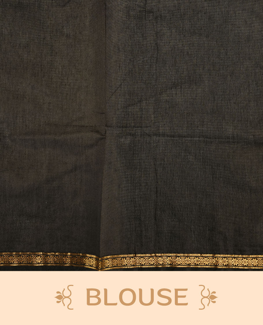Lemon colour Mashwari cotton saree features elegant gold zari motifs across the body, a classic gold zari border, a striking contrast pallu, and a matching blouse piece.
