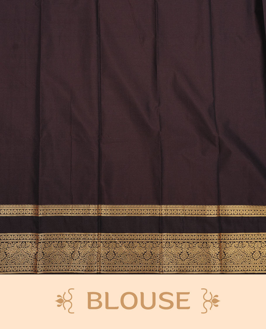 Maroon colour soft silk saree featuring gold zari check & motifs on body, complemented by contrast dark chocolate colour with zari border, paired with matching blouse piece.