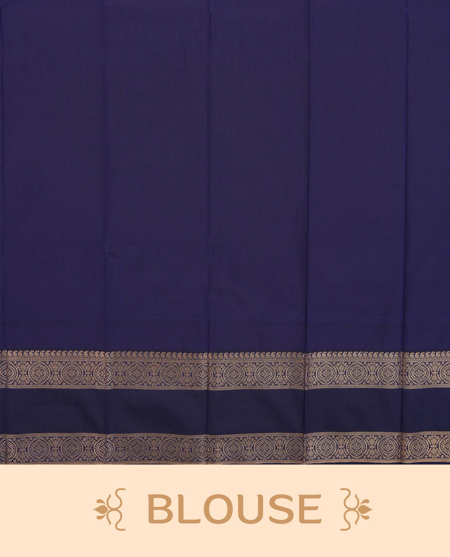 Lemon green colour semi silk saree highlighting gold zari motifs across body, featuring contrast dark blue colour border with gold zari pattern, comes with matching blouse .