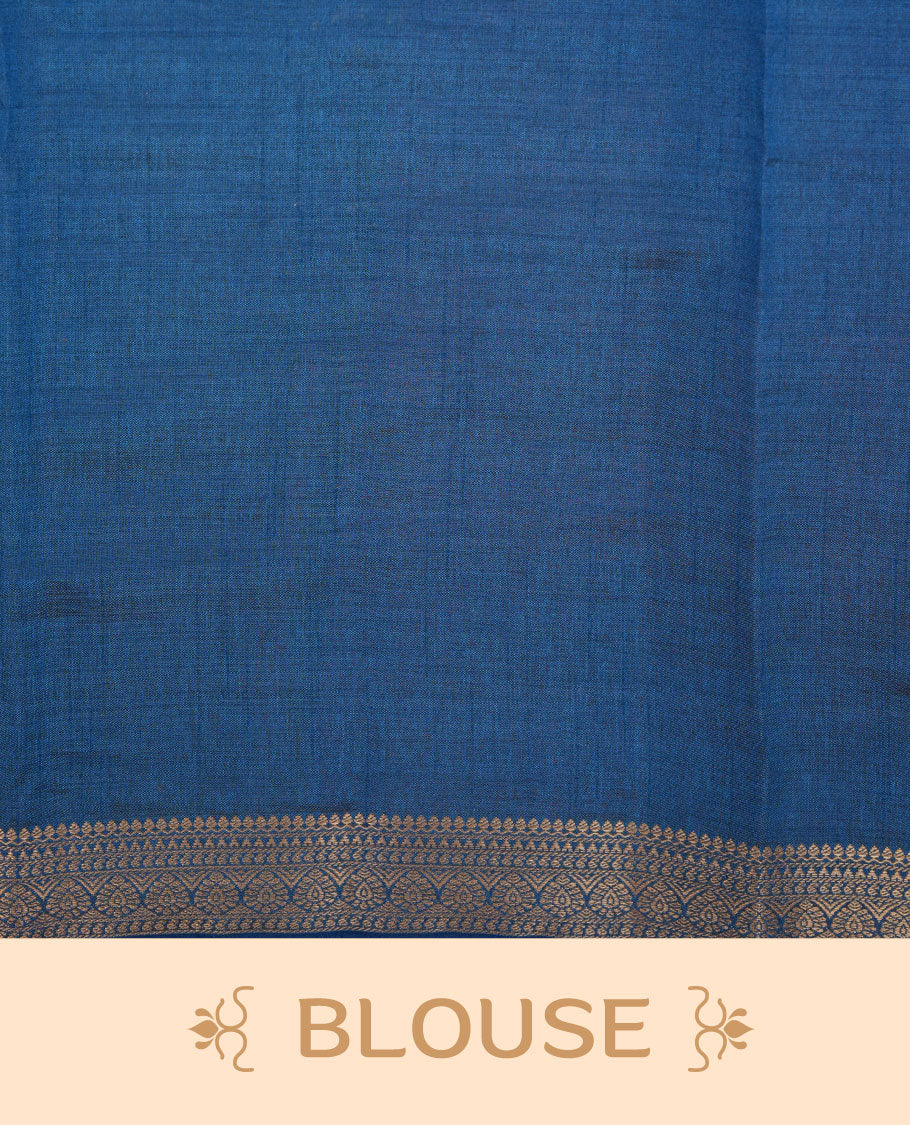 Pink colour semi tussar saree featuring elegant plain body, contrast Blue colour gold zari border and comes with matching blouse piece.
