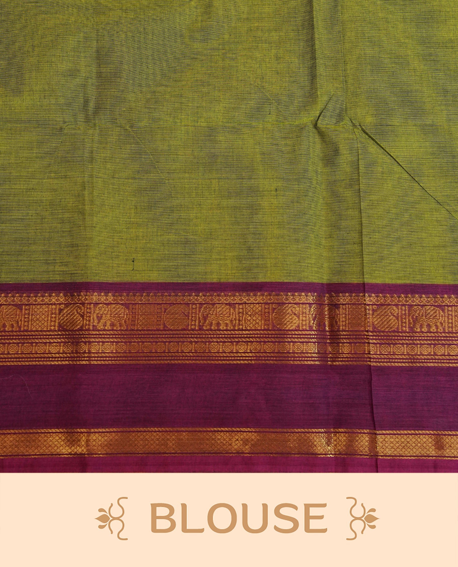 Lemon green colour chettinad cotton saree featuring elegant plain body, Contrast Magenta colour with Gold zari border, comes with matching blouse piece.