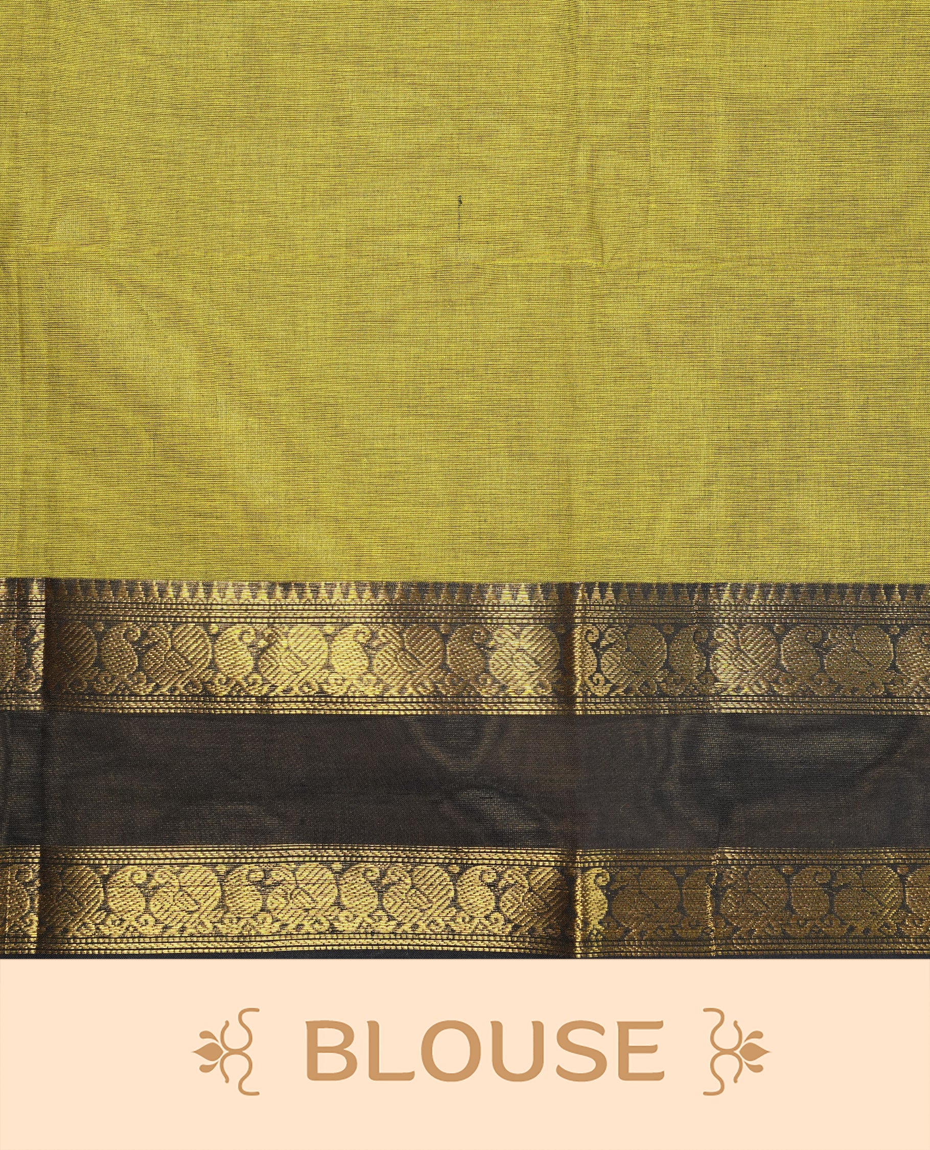 Olive Colour chettinad cotton saree featuring Elegant plain body, complemented by contrast Dark blue colour with gold zari border, paired with matching blouse.