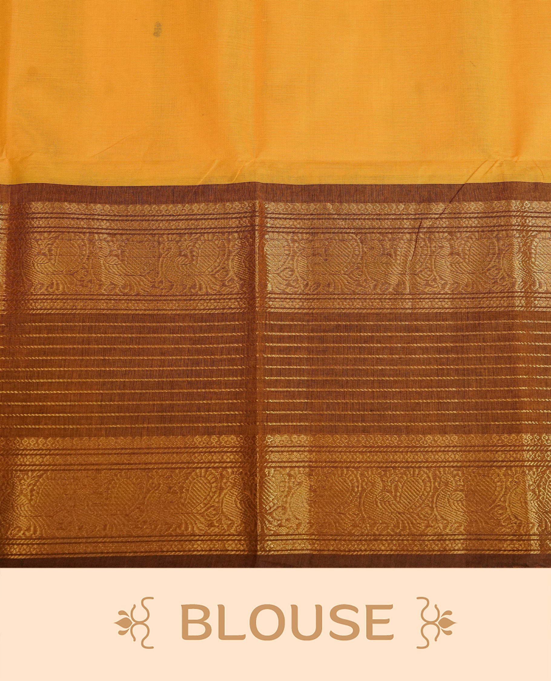 Yellow Colour Chettinad Cotton Saree Featuring Elegant plain Body, Complemented by a Olive Border with gold zari strips & Peacock pattern, Paired with a Matching Blouse Piece.
