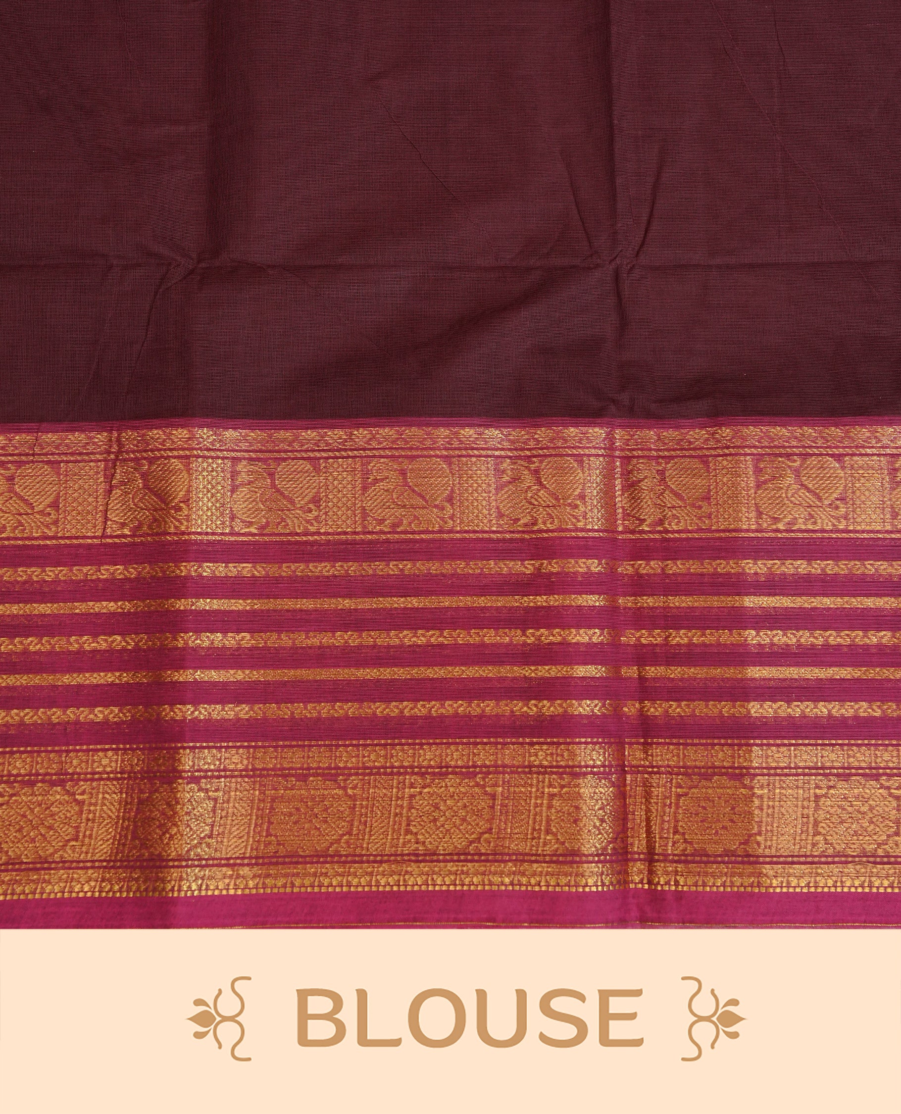 Grape colour chettinad cotton saree featuring Elegant plain body, complemented by contrast Magenta colour with gold zari strip & peacock border, comes with matching blouse piece.