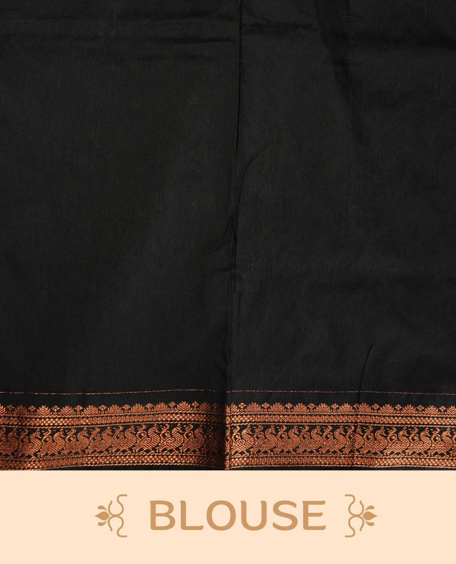 Black colour kalyani cotton saree featuring Elegant plain body, complemented by selfcolour with Antique zari border, paired with matching blouse piece.