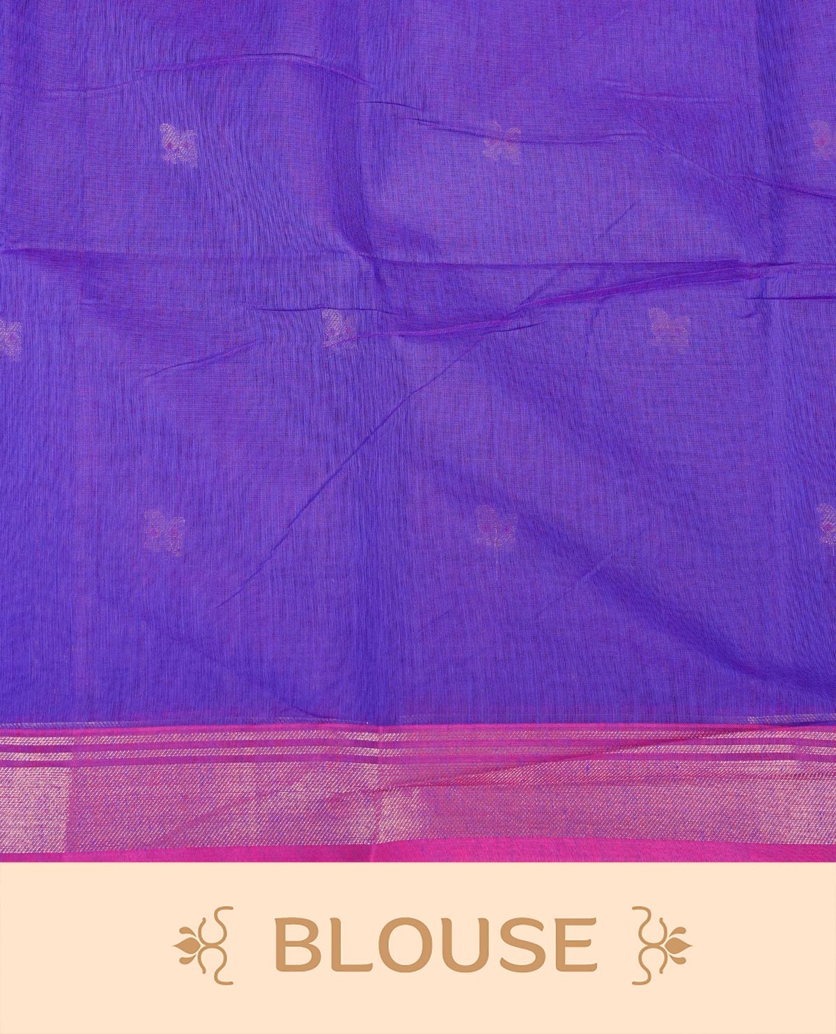 Rich purple colour Maheshwari cotton saree, gold zari floral motifs on body, complement magenta colour gold zari border comes with matching blouse.