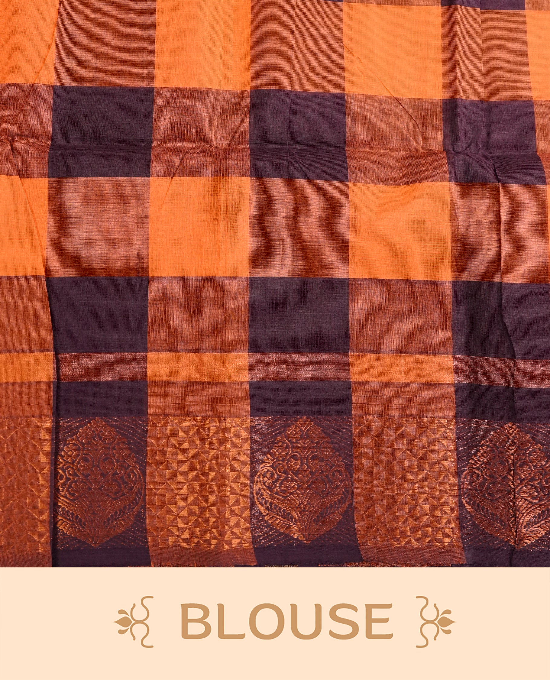 Deep purple & Orange colour chettinad cotton saree featuring check pattern on body, complemented by Self Colour with gold zari border, comes with matching blouse piece.