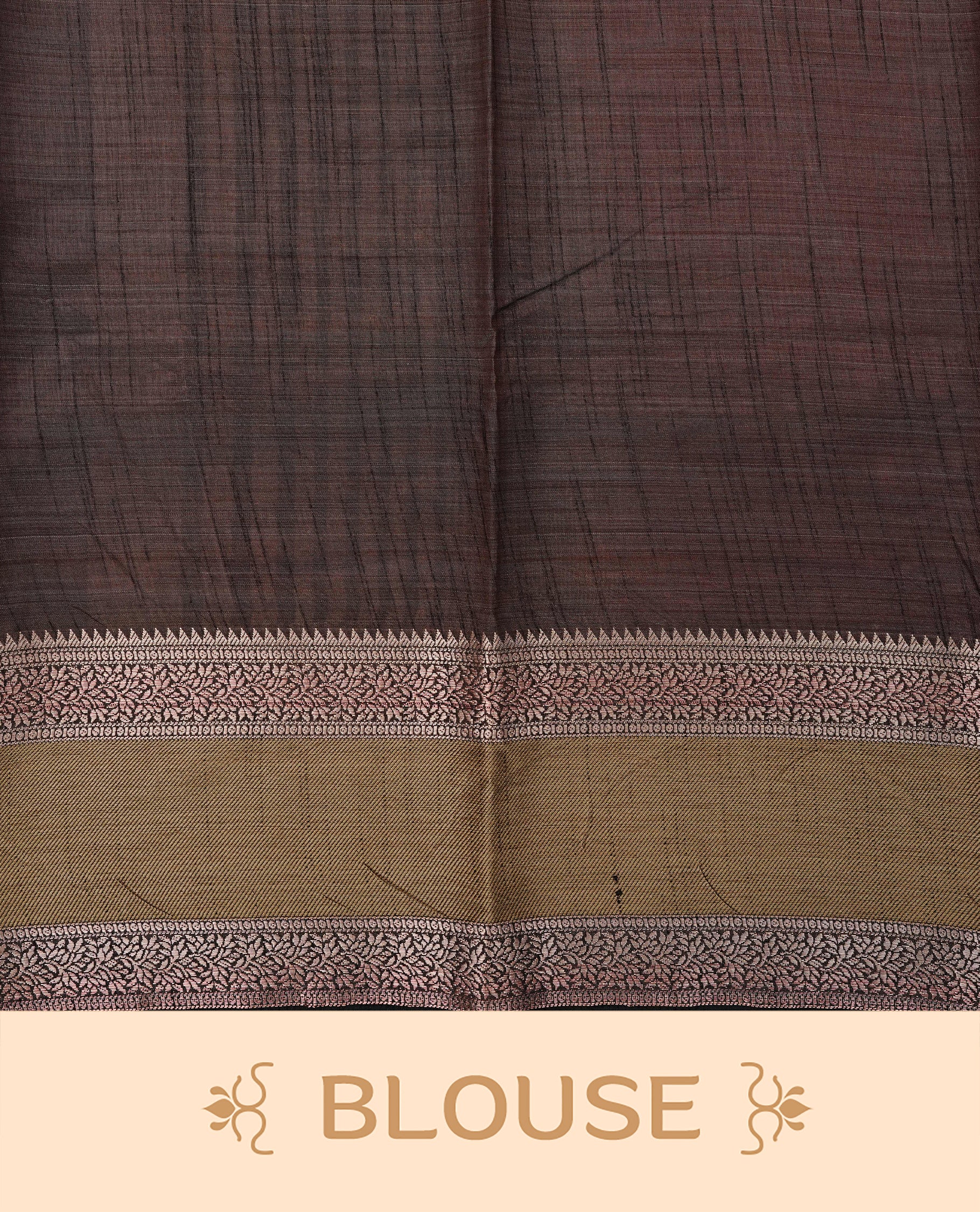 Red Tussar saree featuring Gold zari buttas on body, complemented by contrast Black & olive Colour with Gold zari border, comes with matching blouse piece.