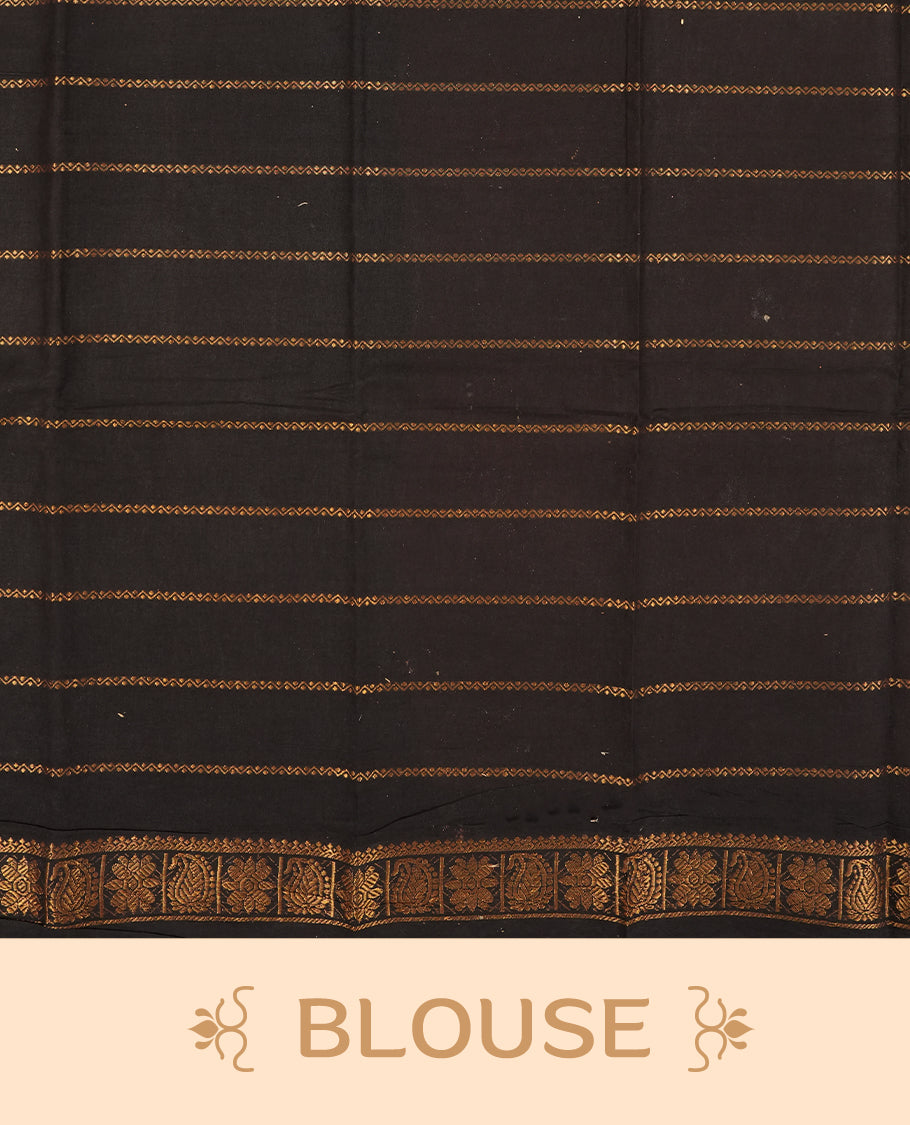 Brown colour Chettinad cotton saree accentuated with golden zari stripes all over, The contrasting black border with intricate floral motifs in golden zari  & Comes with a matching blouse piece.