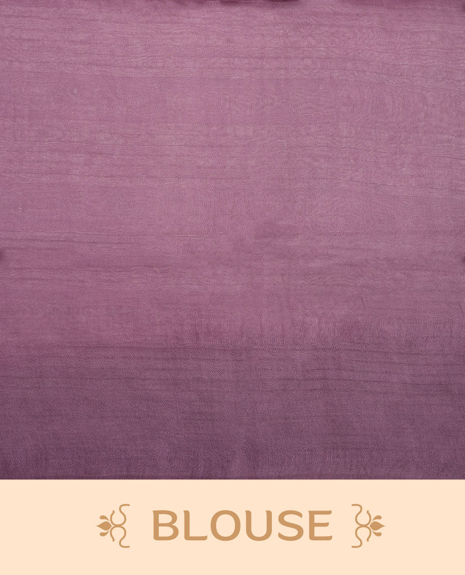 Cream & Purple dye pattern colour semi jute saree highlighting white stripped body, without border and paired with matching blouse.