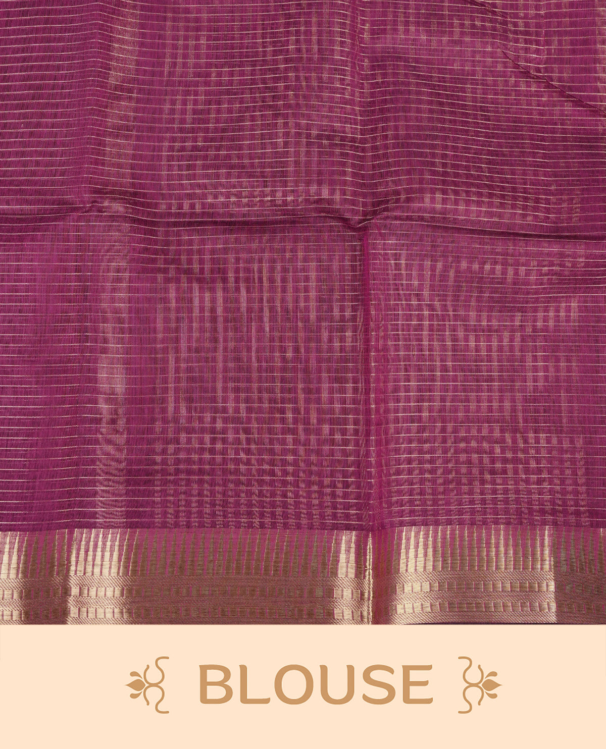 Grape colour Maheshwari cotton saree, gold zari small checks on body, complement self colour gold zari temple design border comes with matching blouse.