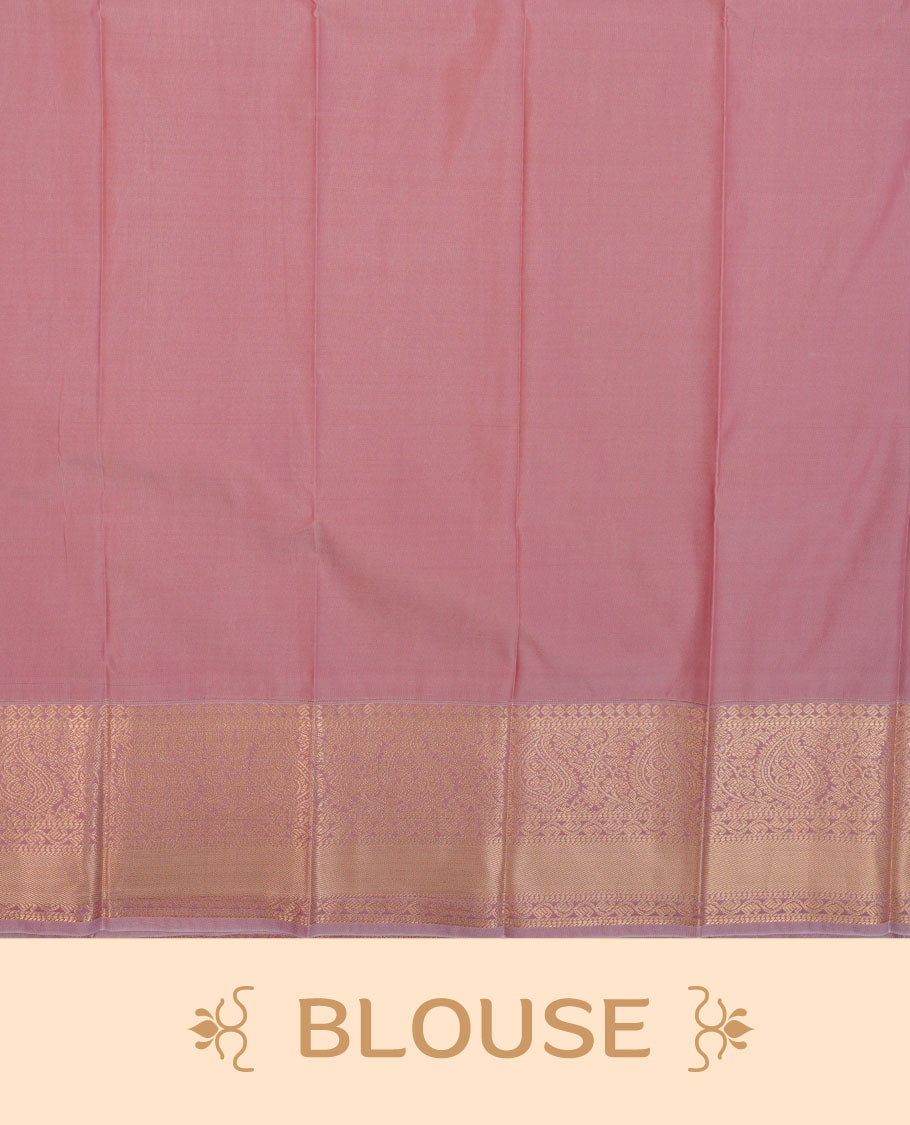 Purple colour semi silk saree highlighting gold zari strip pattern  and motifs across body, featuring contrast lavender colour border with gold zari pattern, comes with matching blouse .