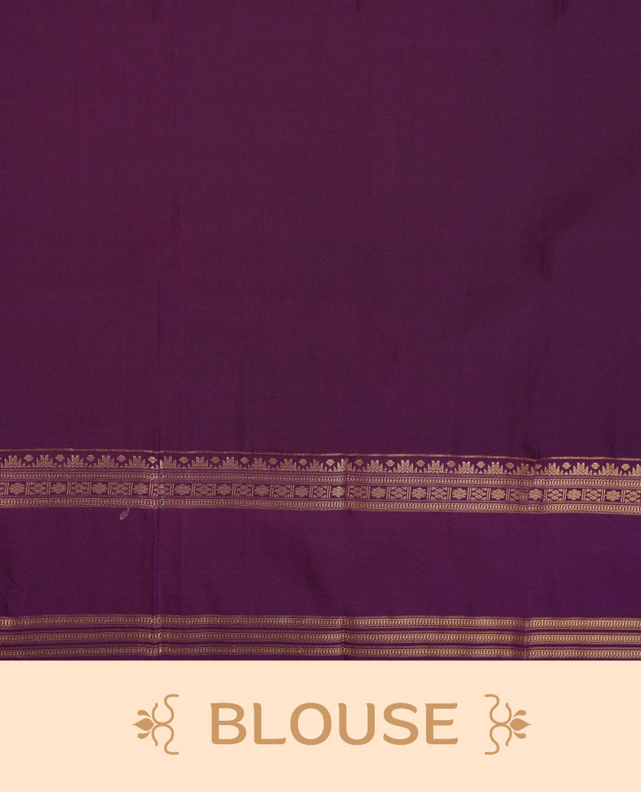 Red colour semi silk saree highlighting gold zari box pattern  and motifs across body, featuring contrast purple colour border with gold zari pattern, comes with matching blouse .