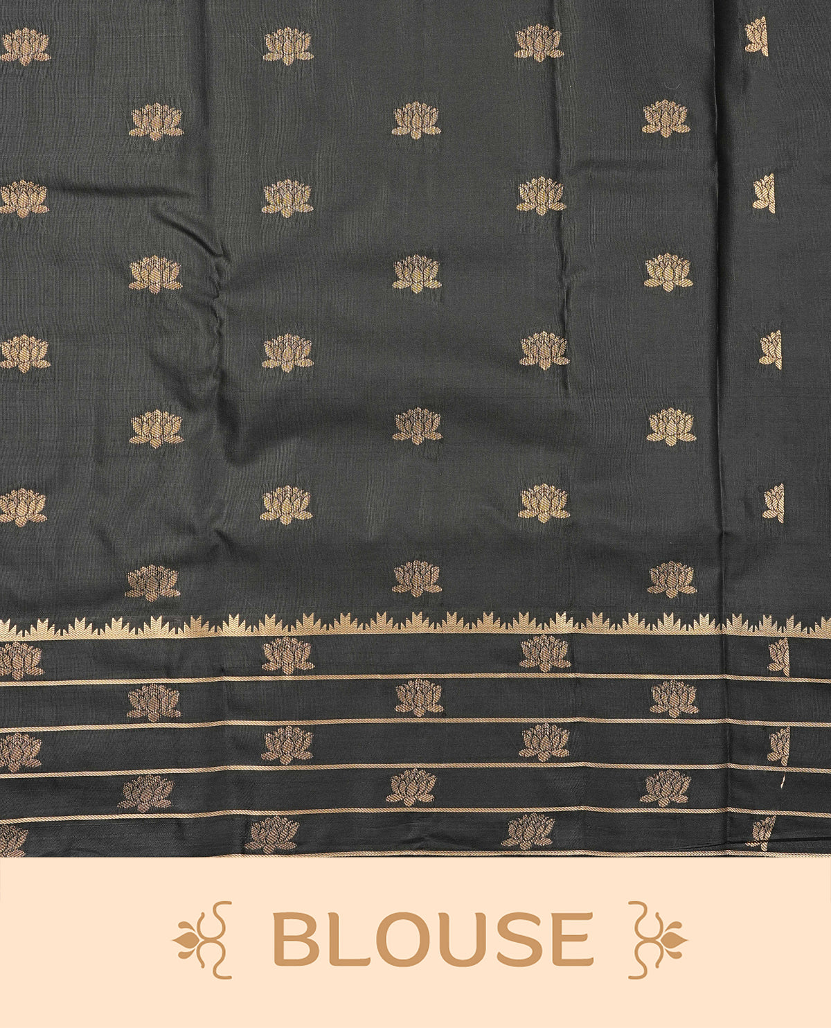 Black colour semi wedding saree featuring light gold zari desinged strips across the body, complemented by self colour with check with lotus traditional border. Comes with a matching blouse piece.