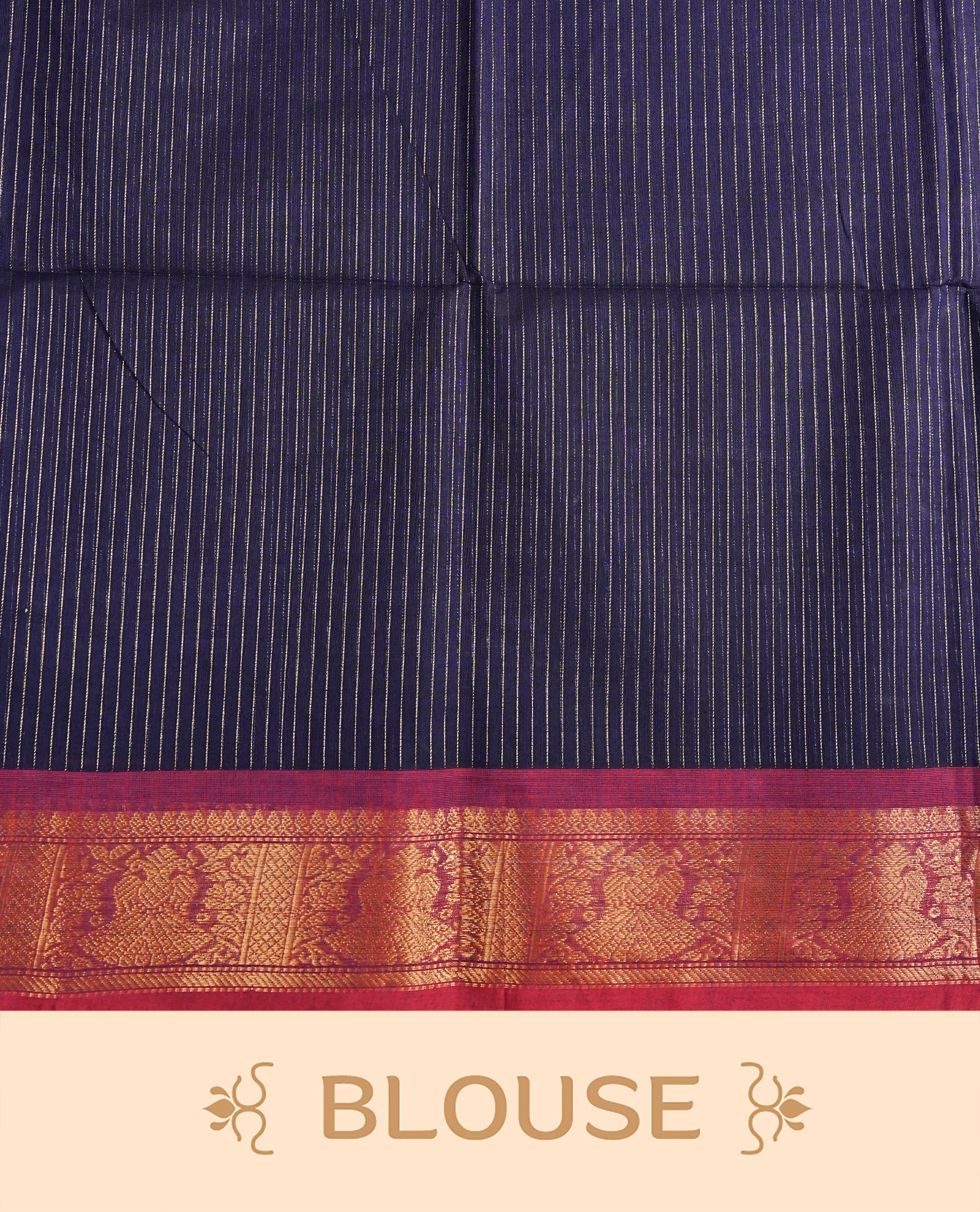 Navy blue colour chettinad cotton saree Featuring Gold zari Strips on body, complemented by contrast Magenta colour with zari border, comes with matching blouse piece.