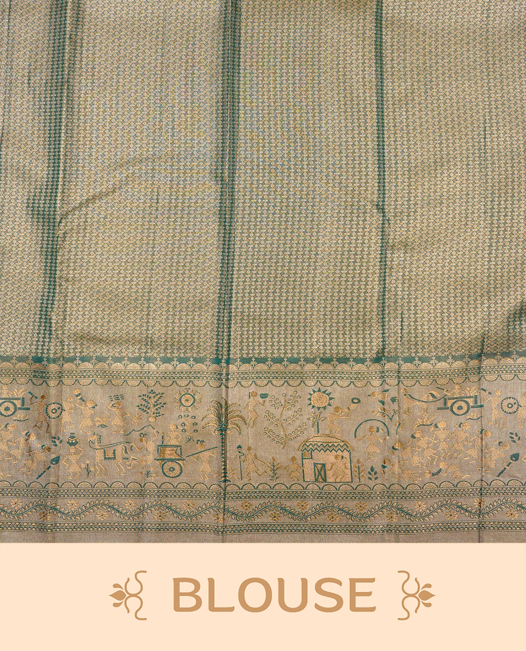 Gold & Peach colour Double shade Semi tissue silk saree featuring Gold Zari pattern on body, Contrast green colour with gold zari Tribal pattern border, paired with matching.