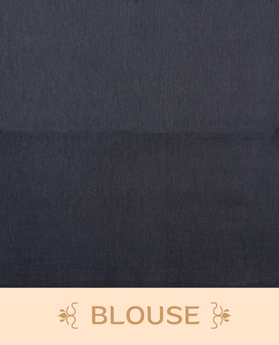 Dark blue colour semi jute saree highlighting white thread motifs on body, without border and paired with matching blouse.