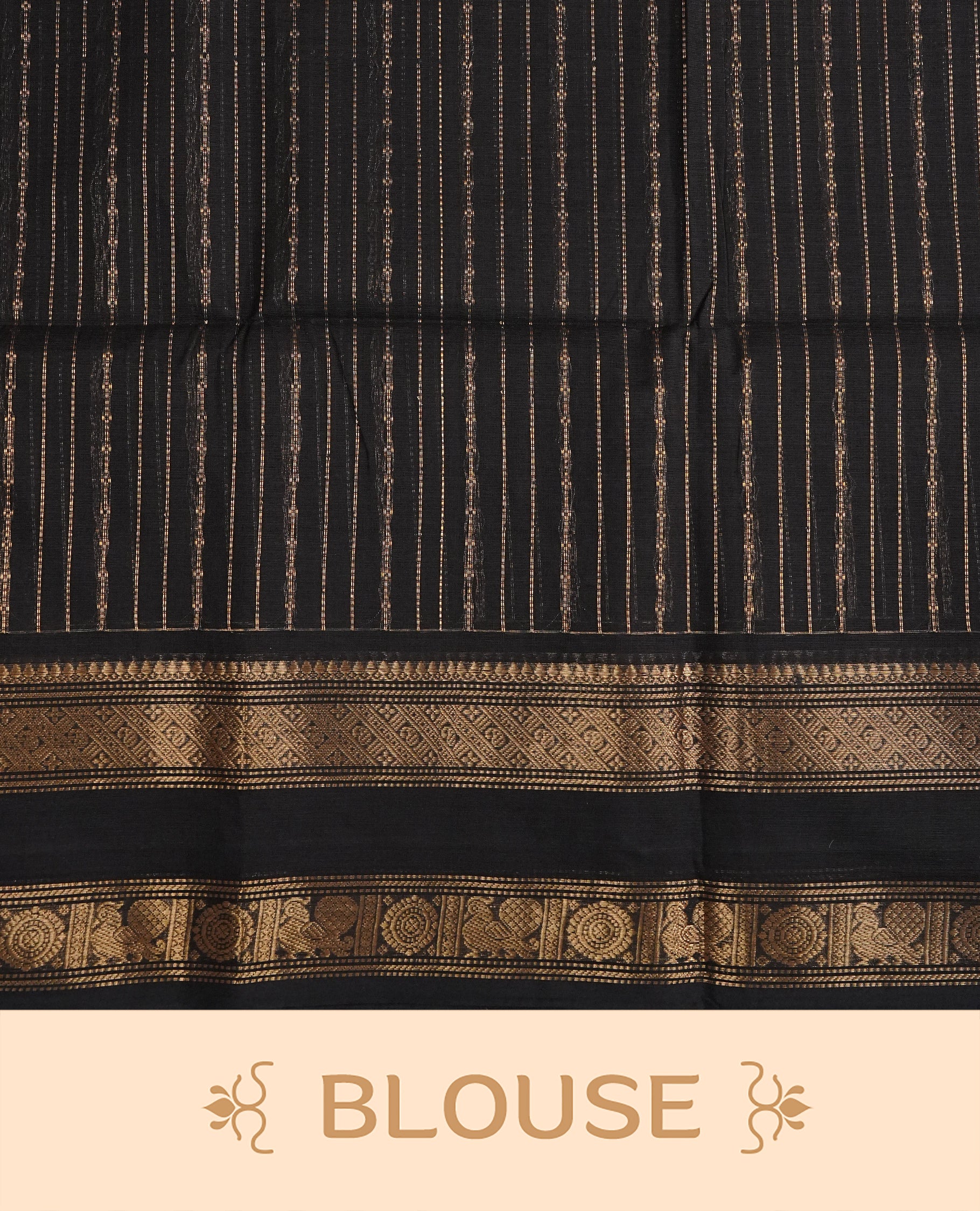 Black Colour Chettinad Cotton Saree Featuring Gold Zari Stripes on the Body, Complemented by a Gold Zari Border and a Contrast Colour Striped Pallu, Paired with a Matching Blouse Piece.