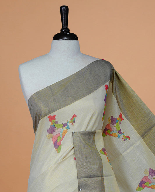 Cream Colour Kerala Saree Featuring  Plain Body ,Complemented By A Burgundy Zari With Indian Map Border ,Enhance By A  Gold Zari & Burgundy Pallu ,Paired With A Matching Blouse Piece.