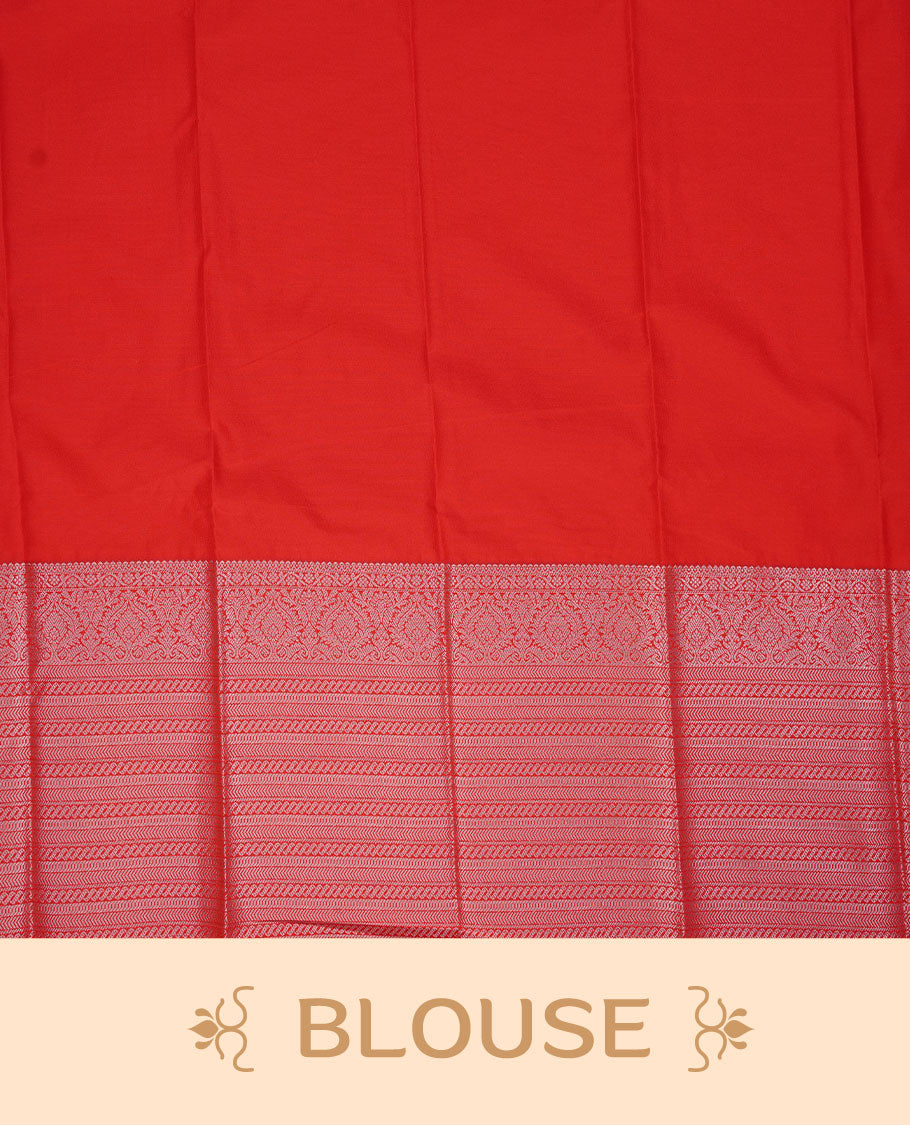Peacock colour soft silk saree featuring Gold zari motifs on body, complemented by contrast red colour with traditional border, paired with matching blouse piece.